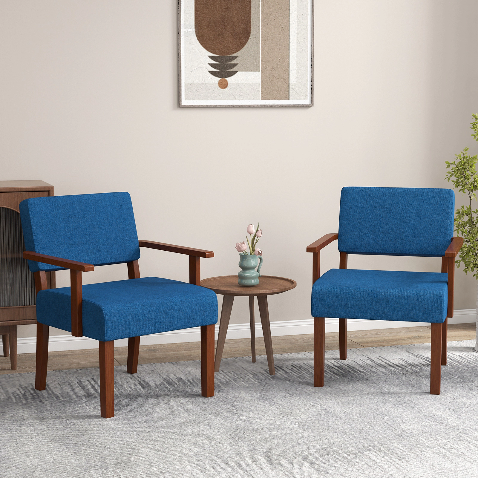 SUGIFT Blue Linen Upholstered Club Armchair with 6-Inch Padded Seat, Rubber Wood Frame