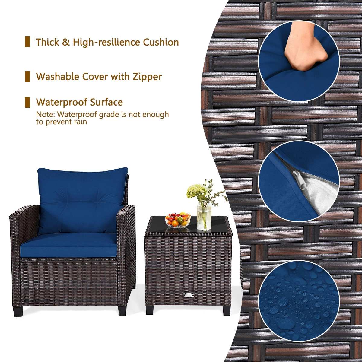 SUGIFT 3-Piece Navy Rattan Patio Conversation Set with Steel Frame, Glass Table and 4 Cushions