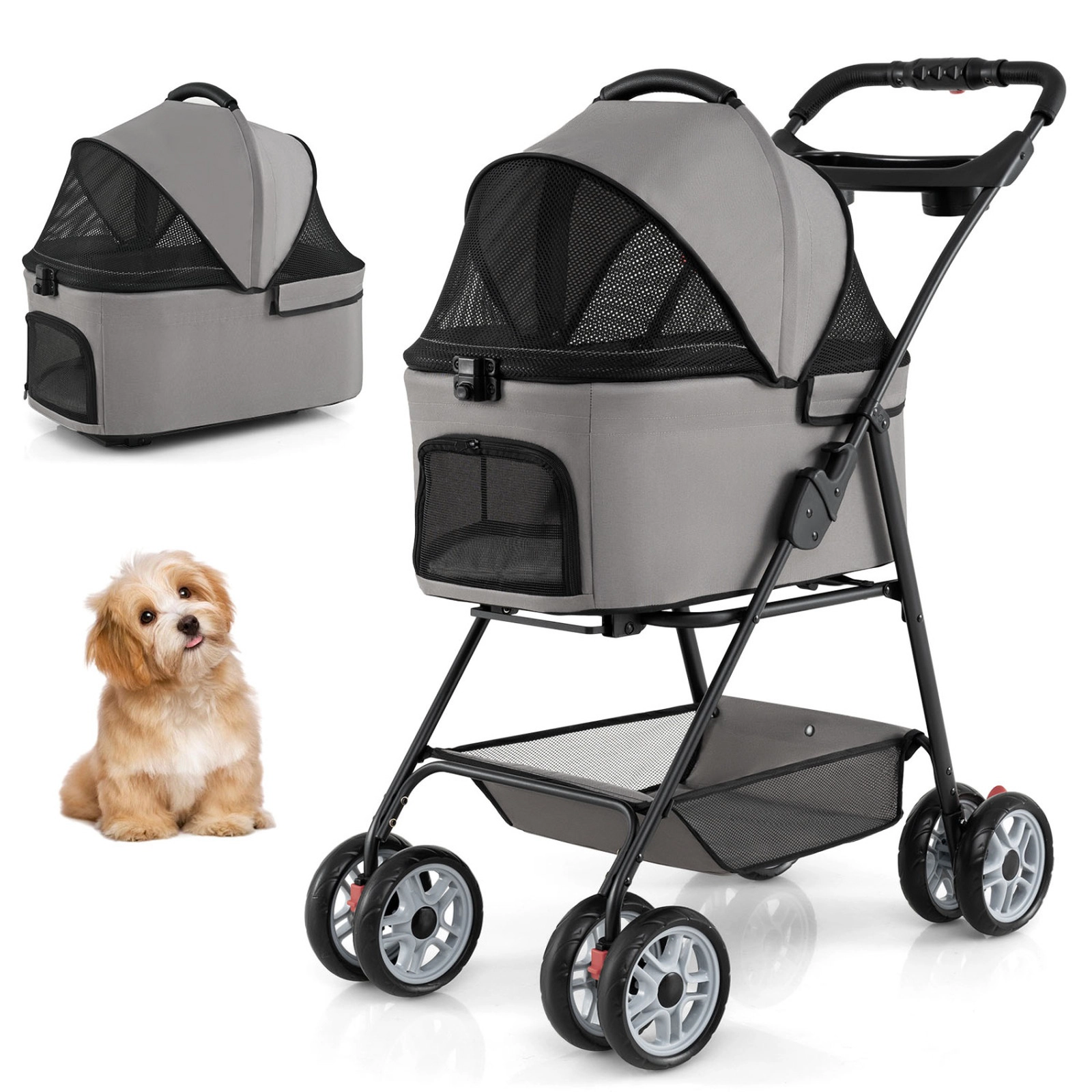 SUGIFT Gray 3-in-1 Pet Stroller with Removable Carrier and Car Seat 35-in W 19-in D 40-in H 33-lb Cart Capacity