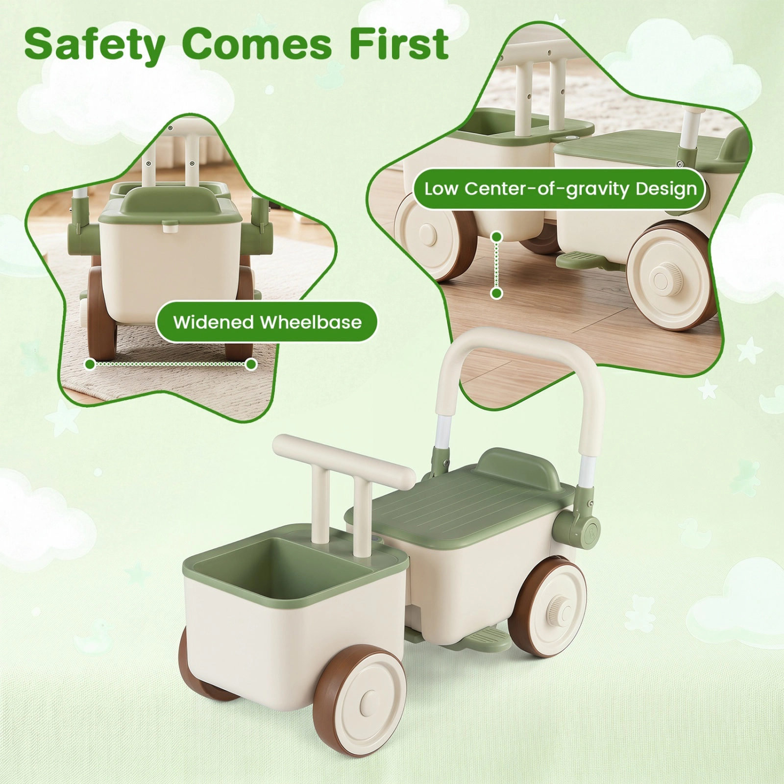 Kids Push Car 3-in-1 Ride On Toy Front Tow Rope Ergonomic Handlebar Deep Storage Ages 3-6 Green Toddler Sliding Car