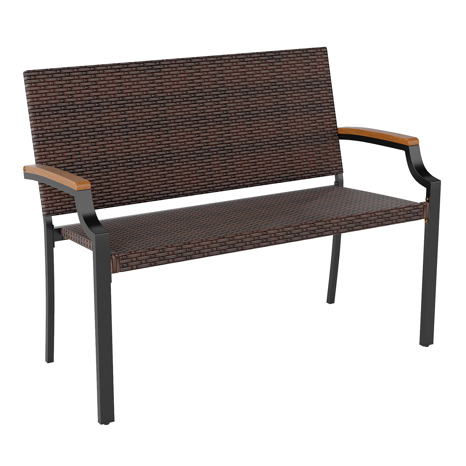 LJG Patio Wicker Loveseat Chair with Acacia Wood Armrests and Metal Frame