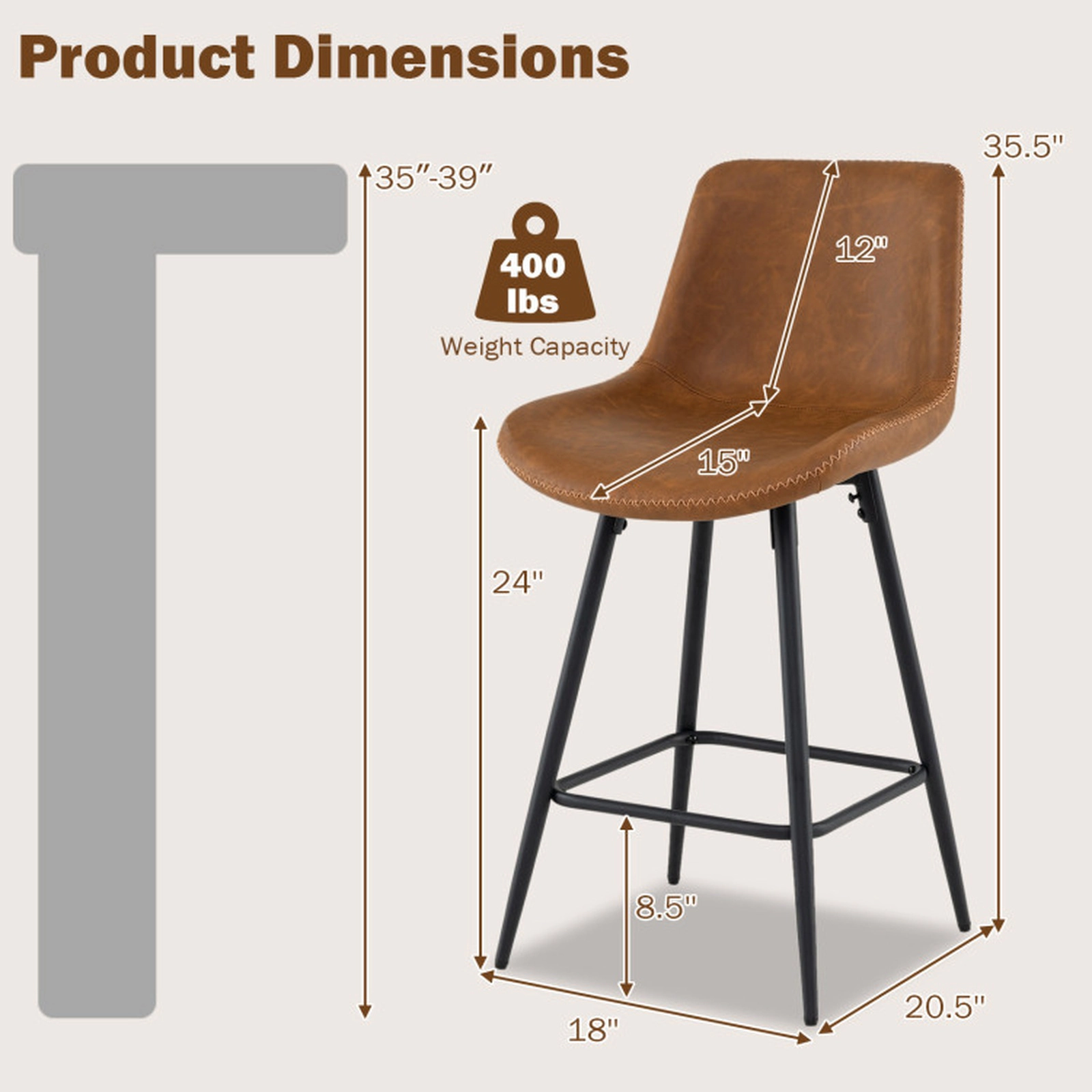 SUGIFT Brown Curved Backs Faux Leather Seats and Footrests Set of 4 24 Inch Bar Stool