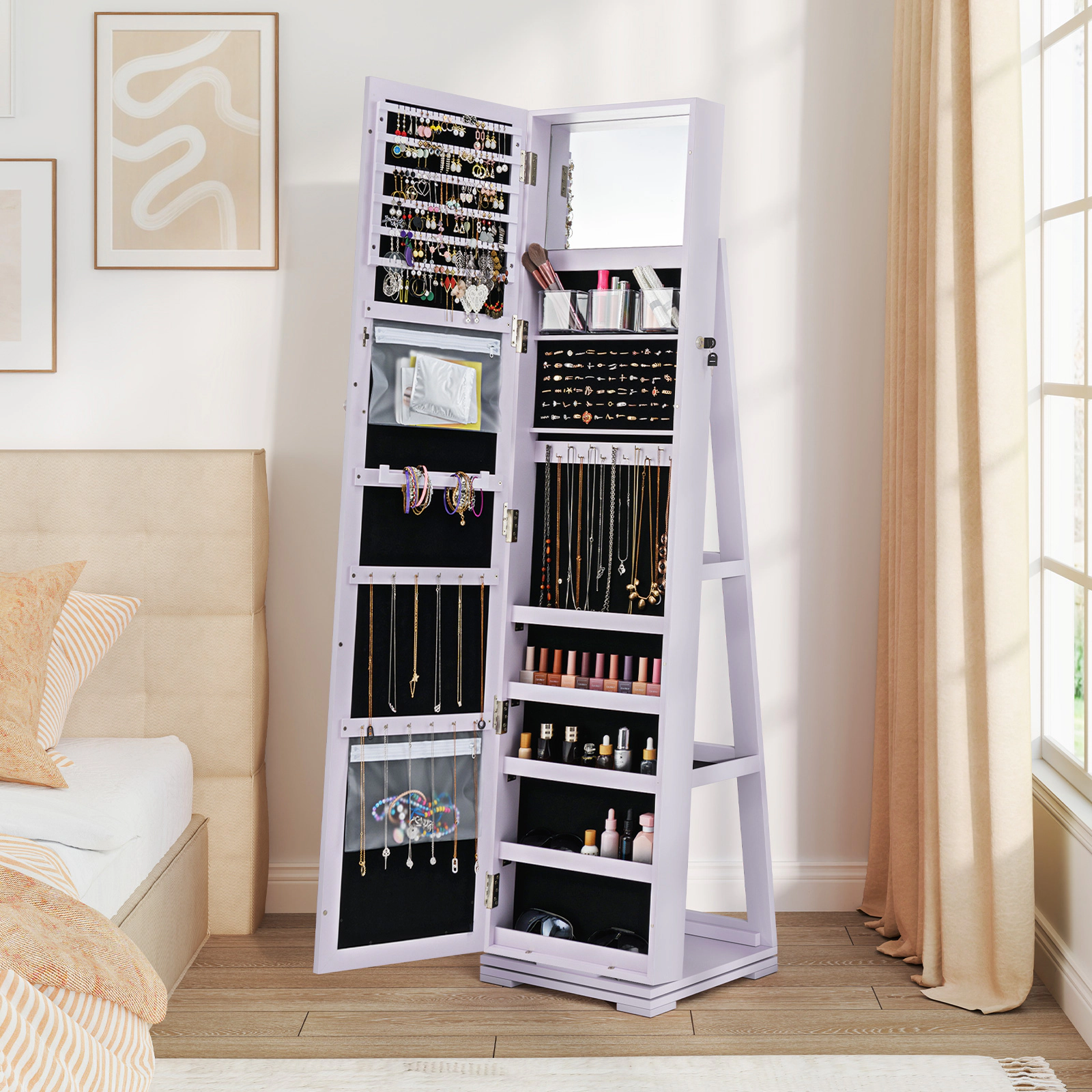 SUGIFT 360° Rotatable 2-in-1 Lockable Jewelry Cabinet with Full-Length 63.5-in Mirror 48-lb P2 MDF Organizer Purple