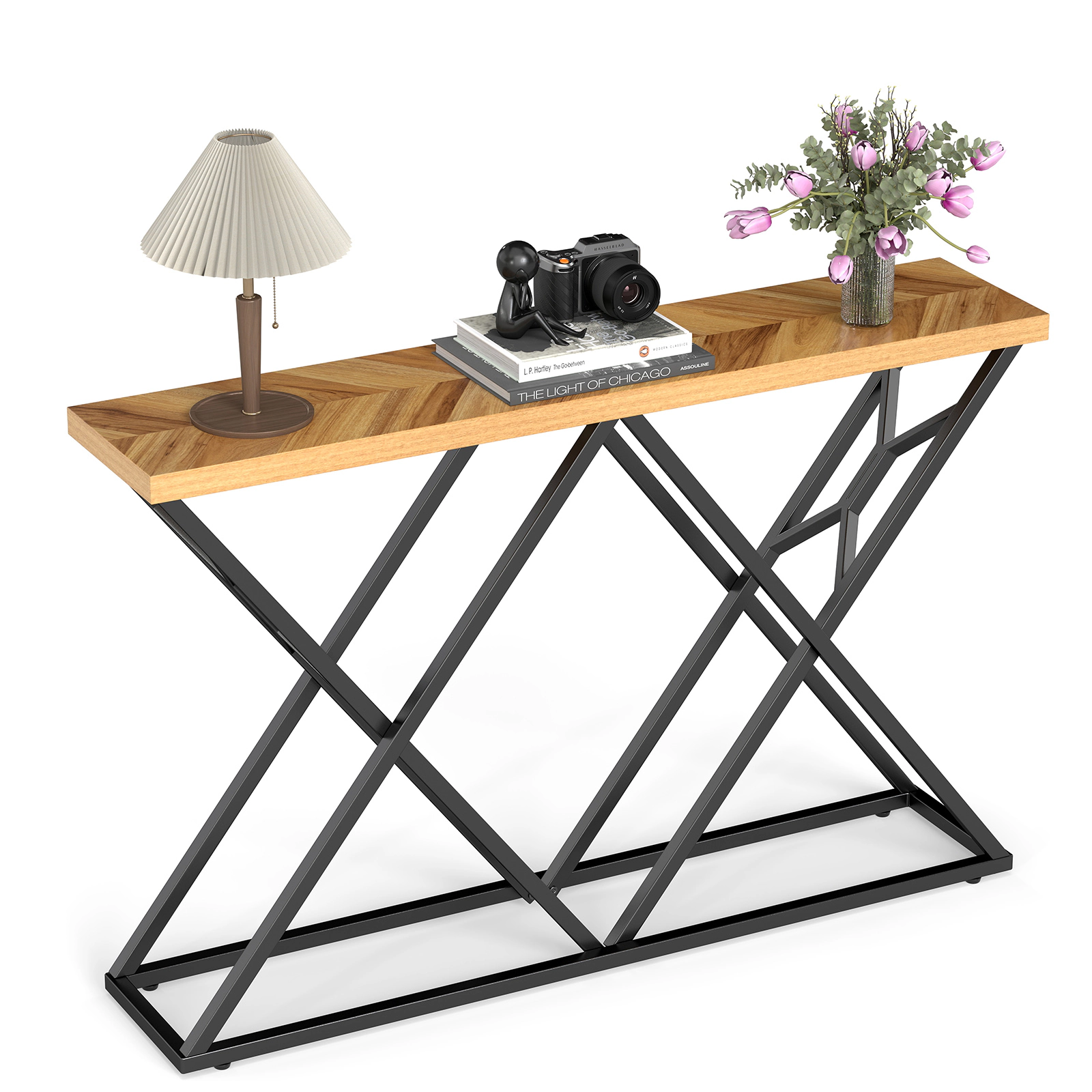 SUGIFT Console Table with Solid Metal Frame 165-lb Tabletop Capacity Wood Color 1.5-in Thick Top