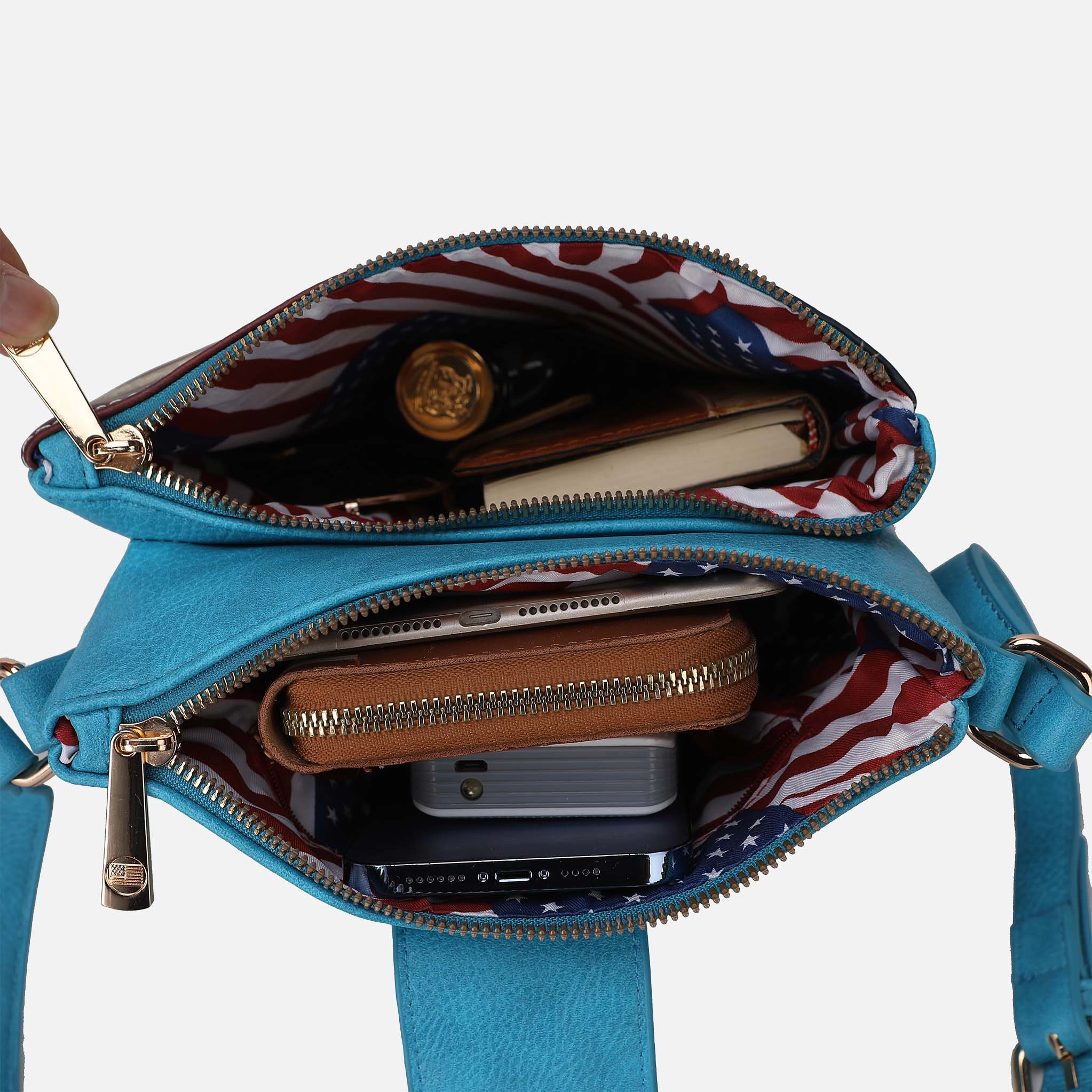 Mia K Collection Josephine Crossbody Bag - Vegan Leather Patriotic Print, Two-Compartment, Adjustable Strap