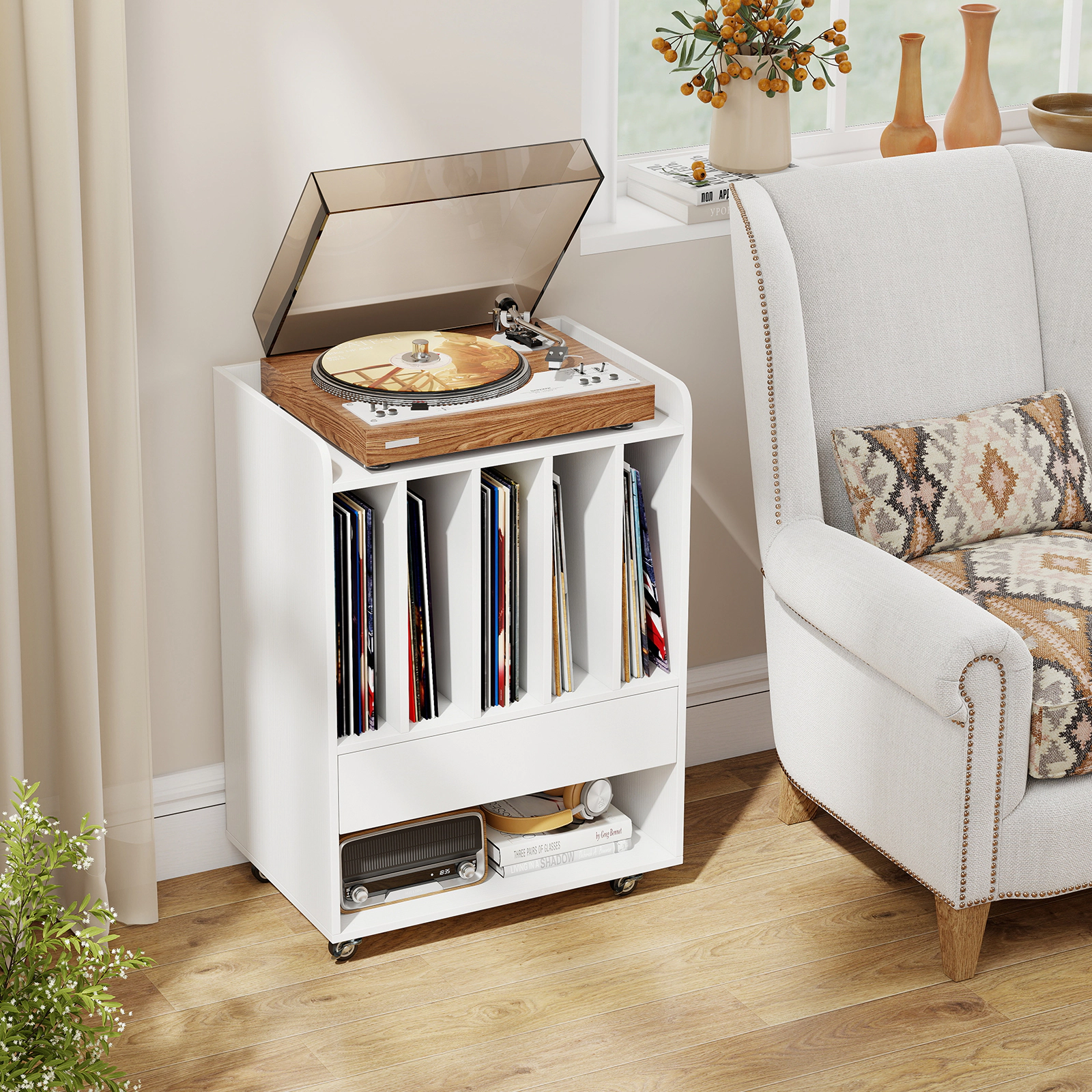 SUGIFT Record Player Turntable Stand with Drawer and Record Holder 66-lb Tabletop Capacity White