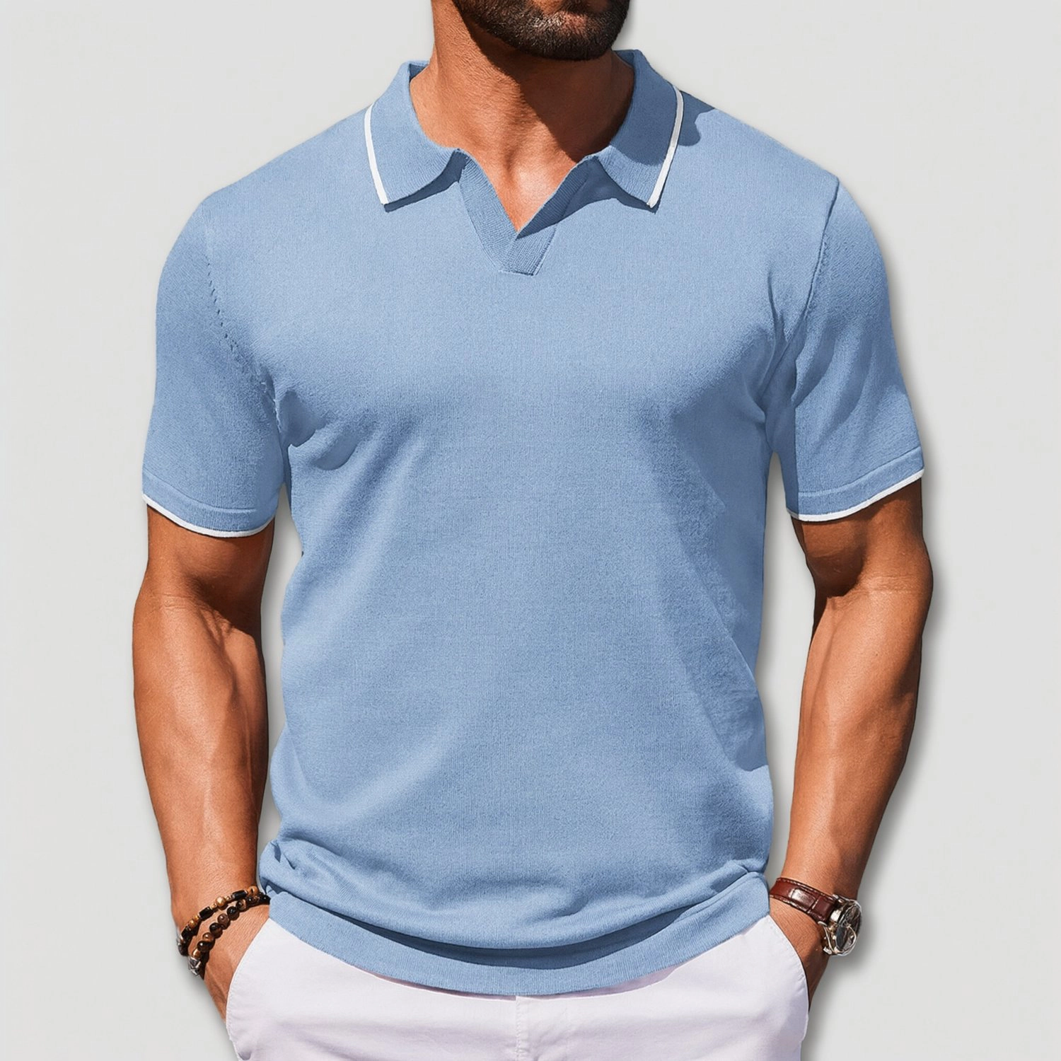 COOFANDY Mens Short Sleeve V Neck Polo Shirt Contrast Piping Casual  Tops