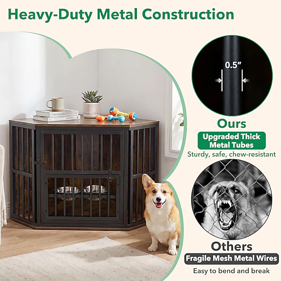 SUGIFT 35.5-in Corner Dog Crate Kennel End Table with 3-Position Bowl ...