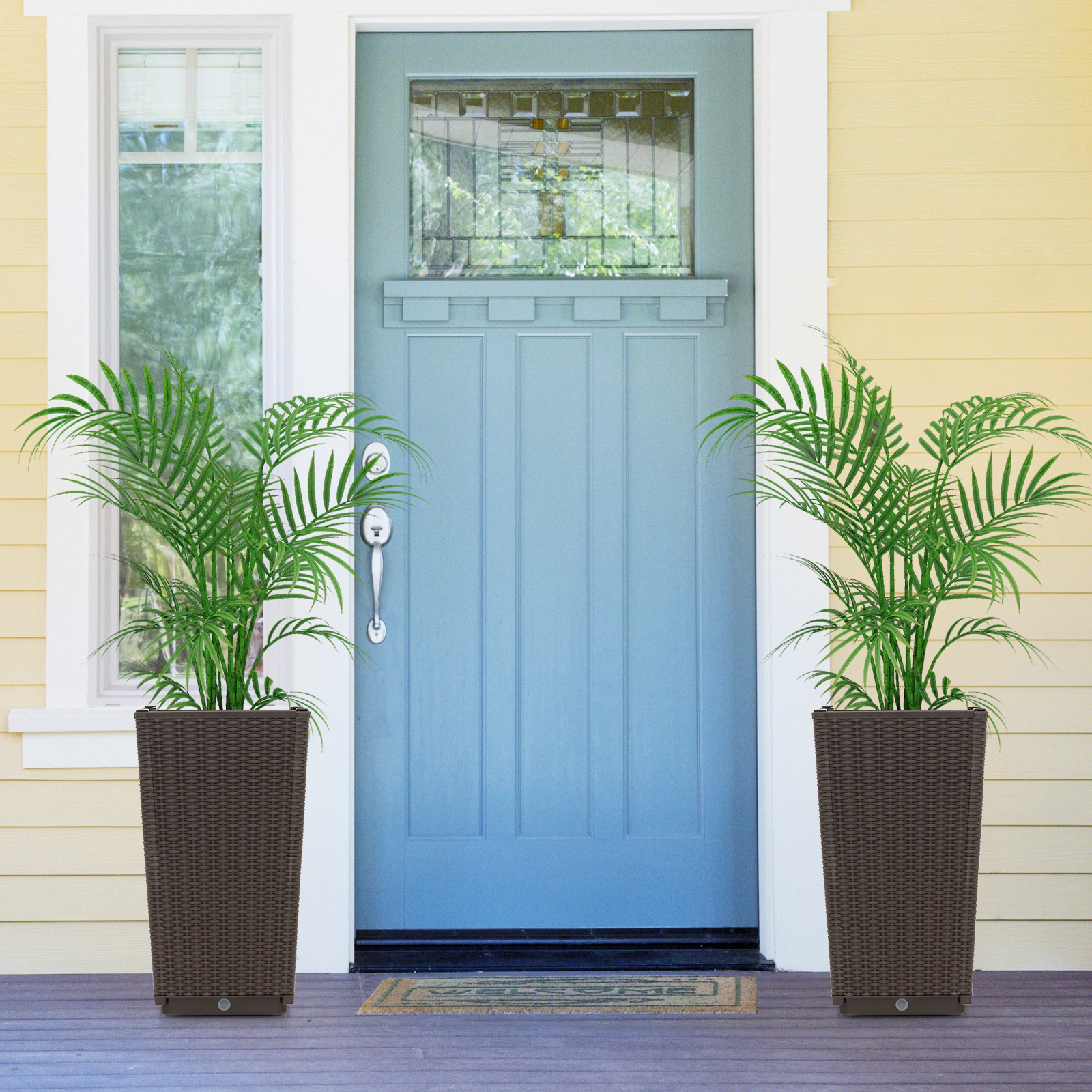 SlickBlue Set of 2 Tall Wicker Planters with Self Watering System for Outdoor Use