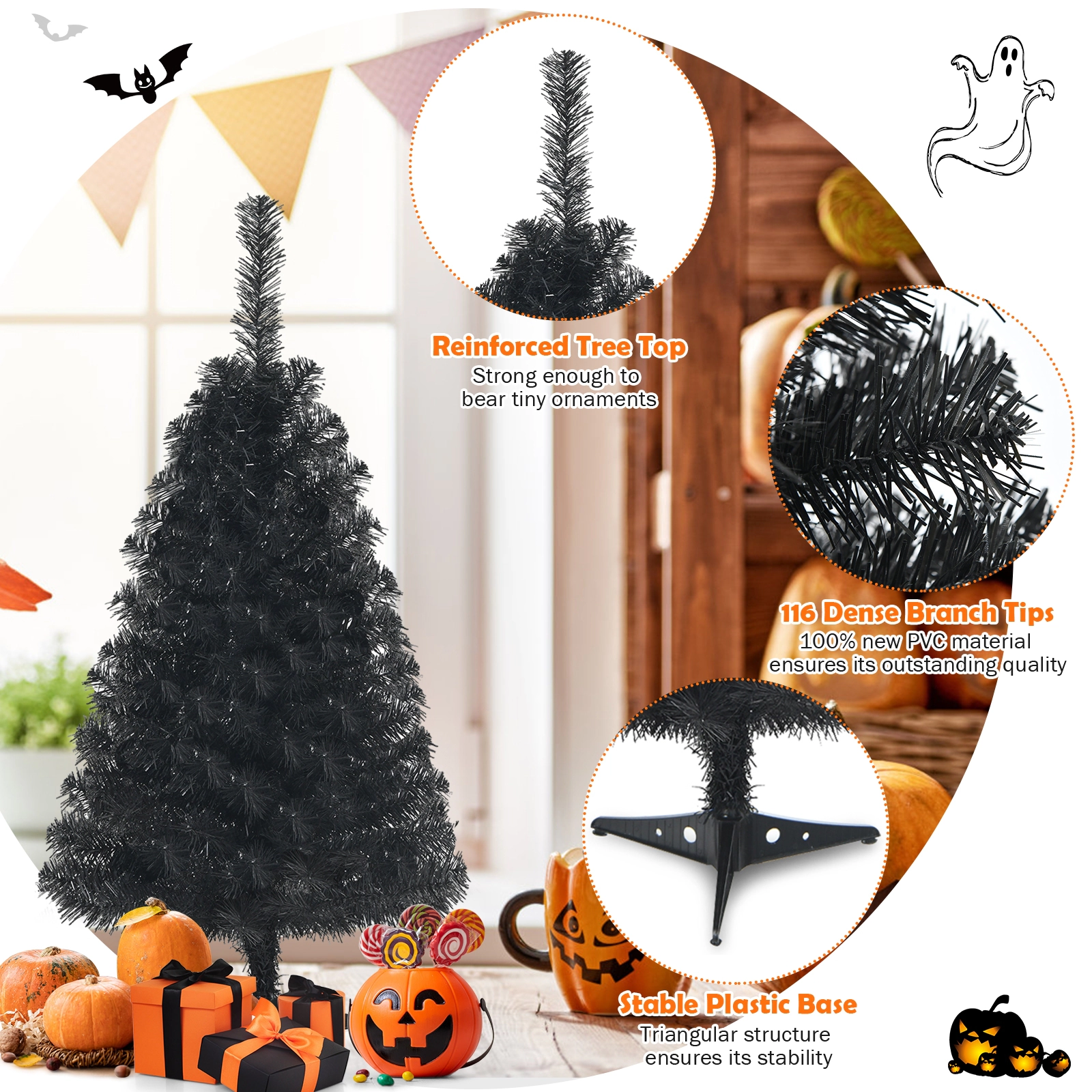SUGIFT 3-ft Mini Unlit Tabletop Halloween Artificial Christmas Tree with 116 Branch Tips and Plastic Stand Black