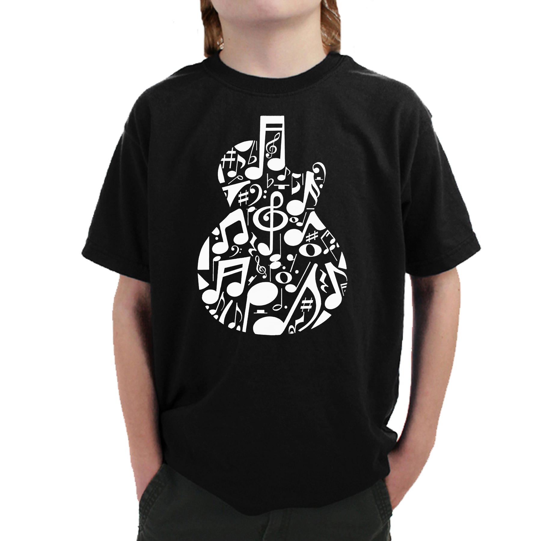 LA Pop Art Boy's Word T-Shirt - Music Notes Guitar