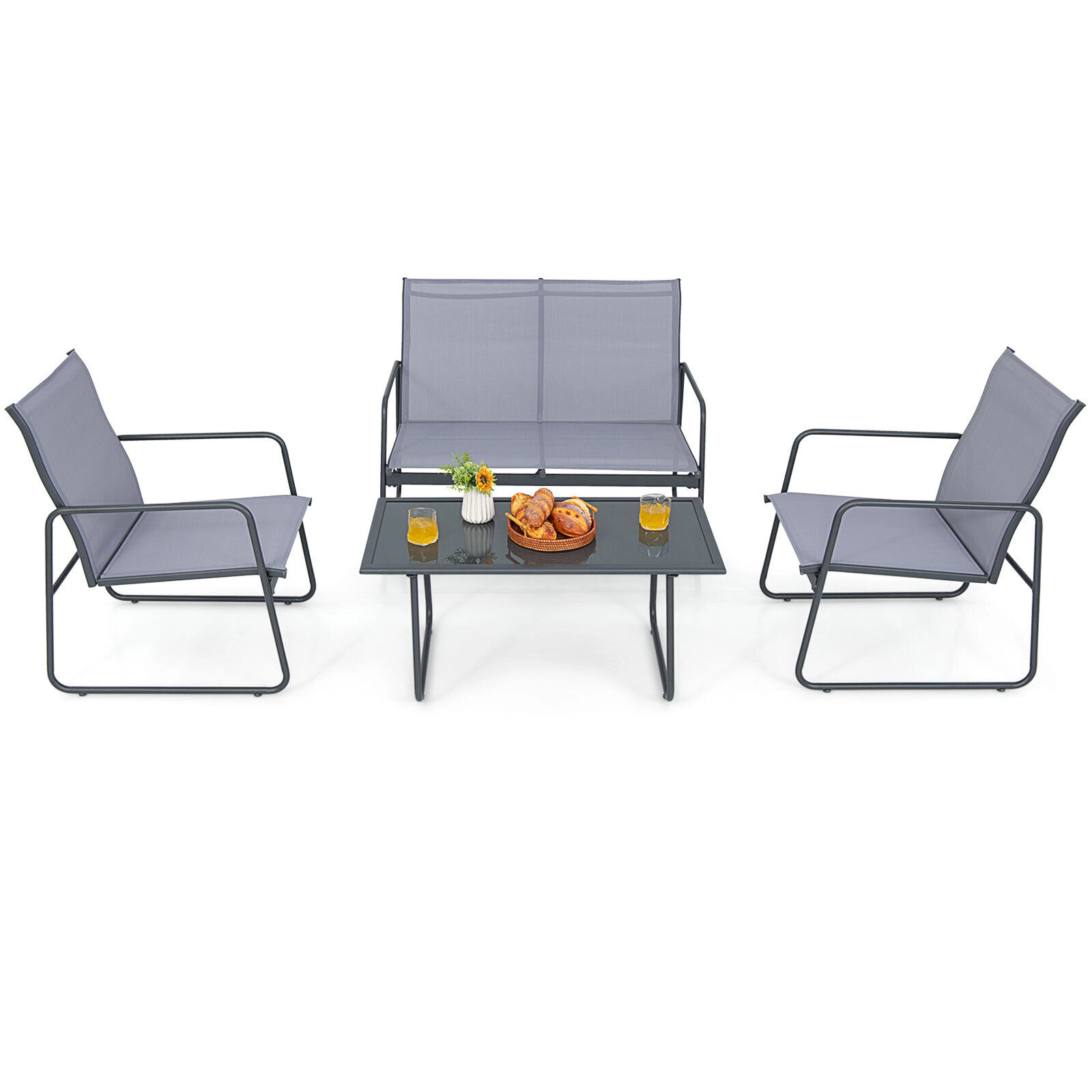 LJG 4 Pieces of Metal Patio Furniture Chat Set with Tempered Glass Coffee Table