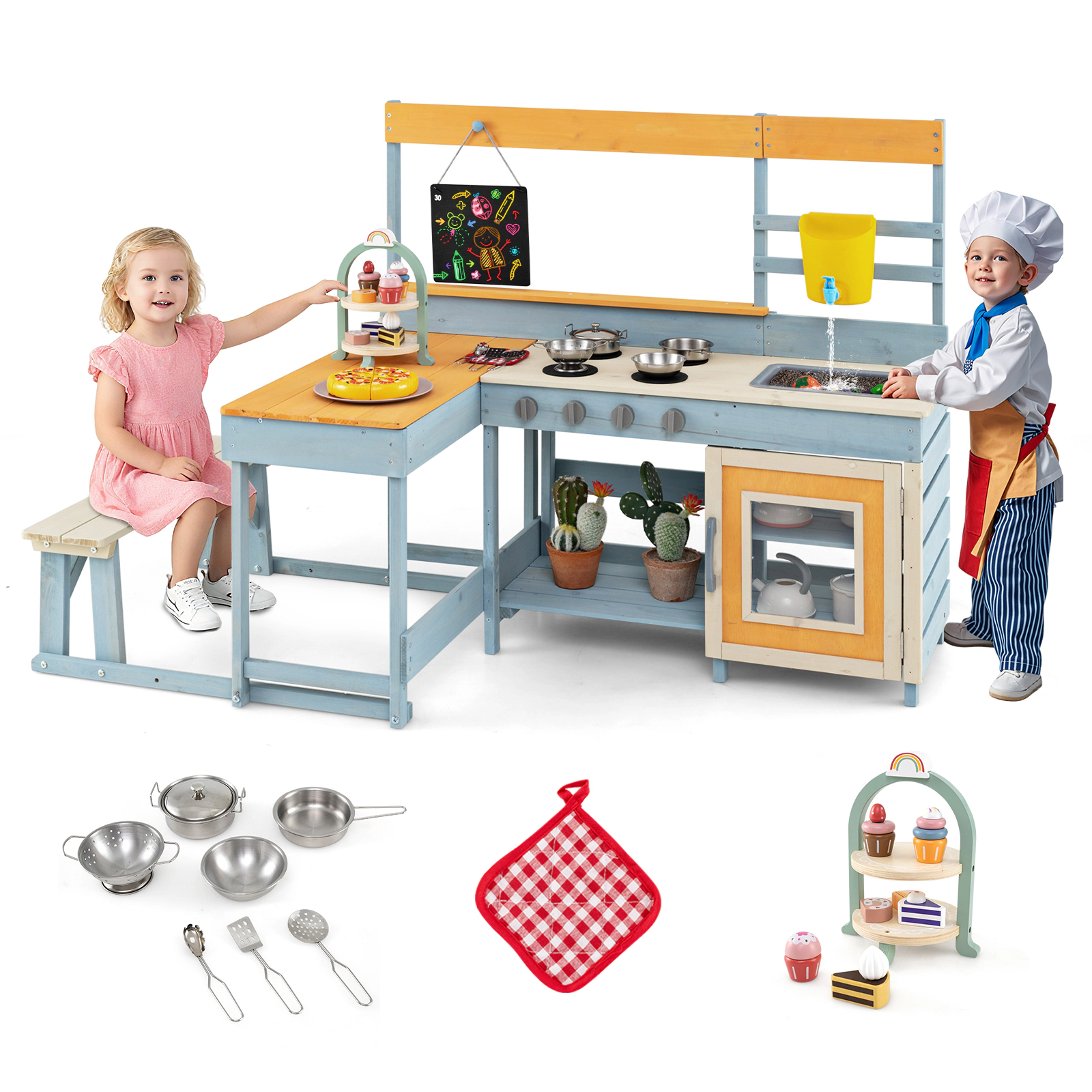 LJG Fir Wood Play Kitchen with Kids Picnic Table and Built-in Bench