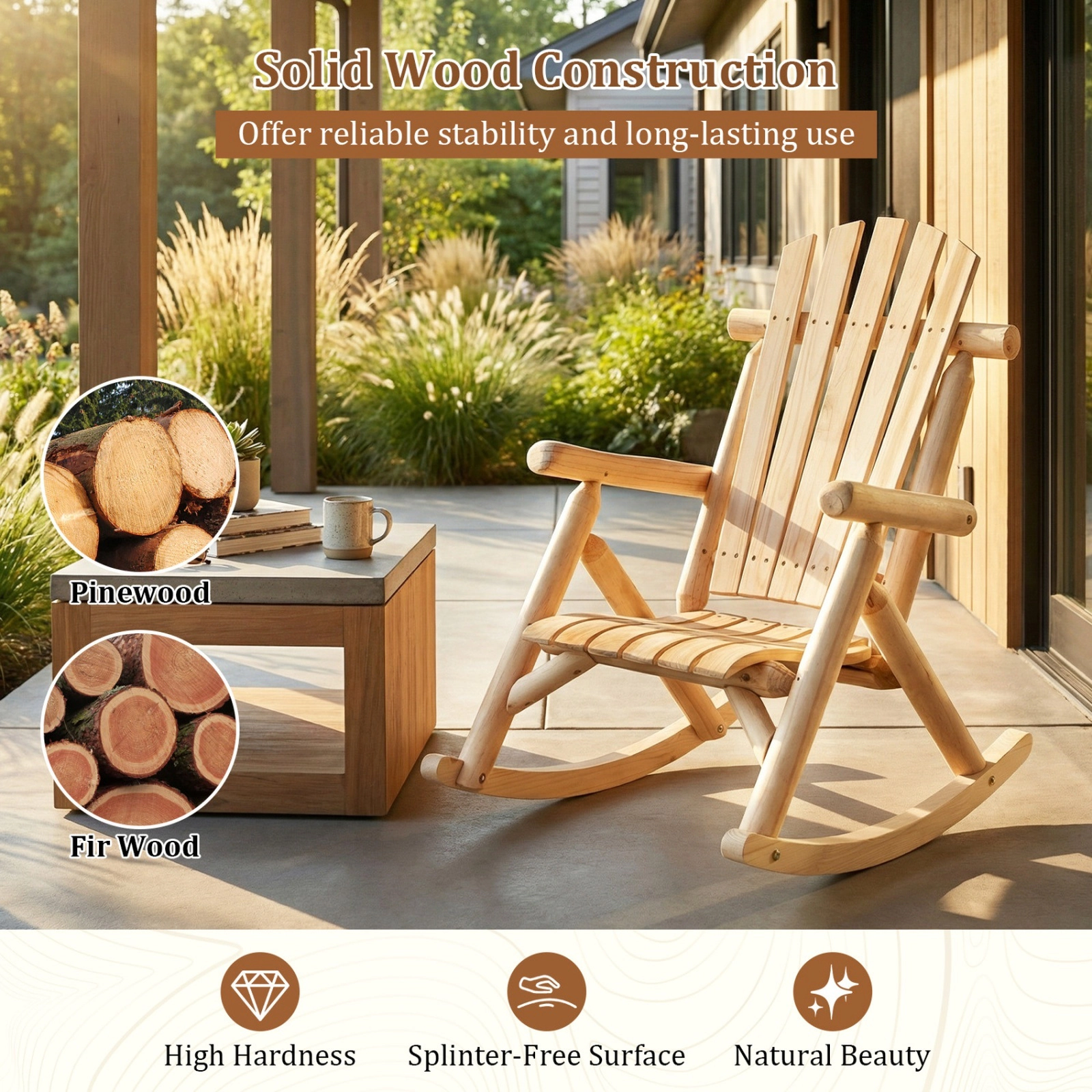 SUGIFT Natural Wood Porch Rocking Chair, Fir and Pine, Fanned High Back, Curved Seat, 330 lb Capacity