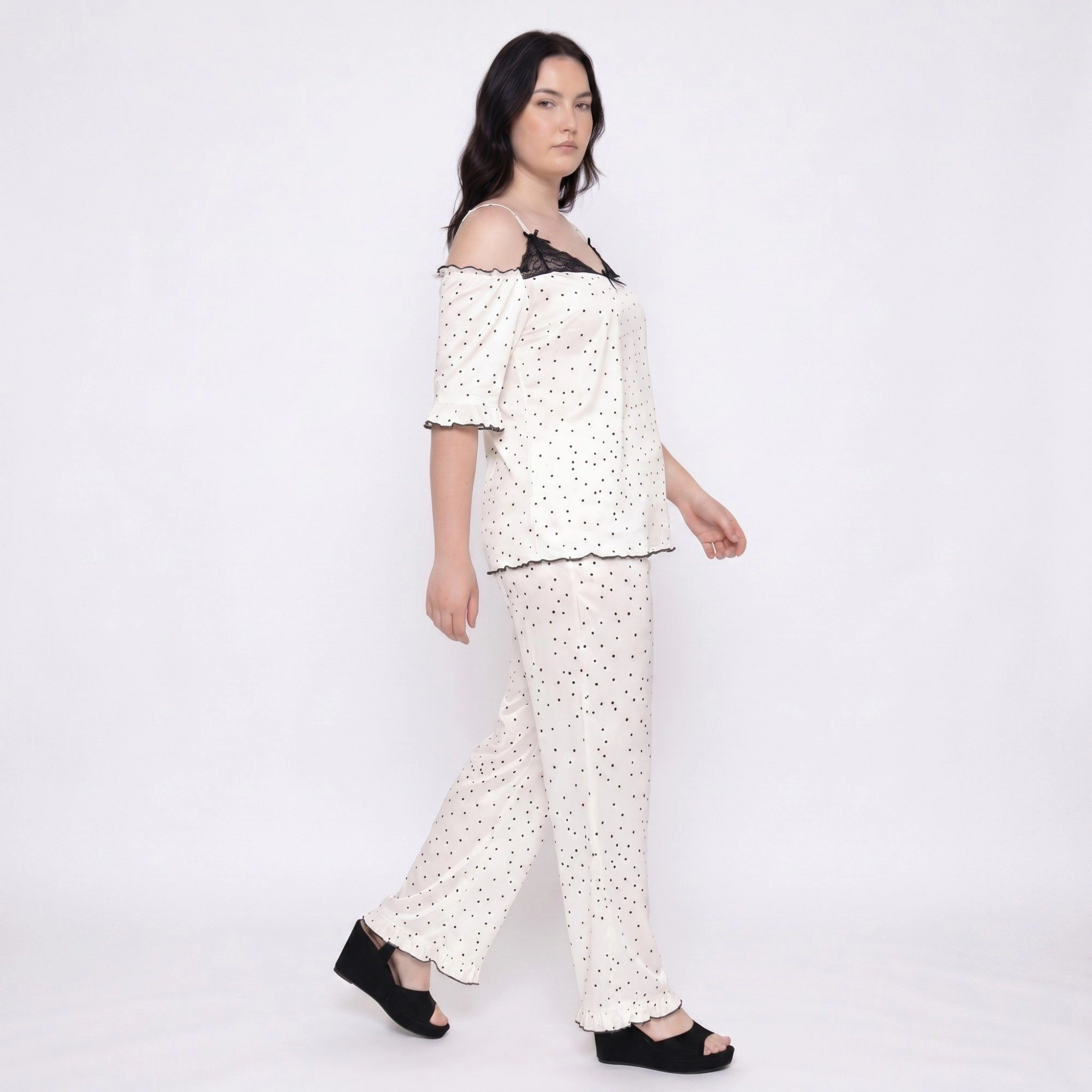 Anna-Kaci Women's Plus 2-Piece Polka Dot Off Shoulder Pajama Top and Wide Leg Pants Sleepwear Lounge Set