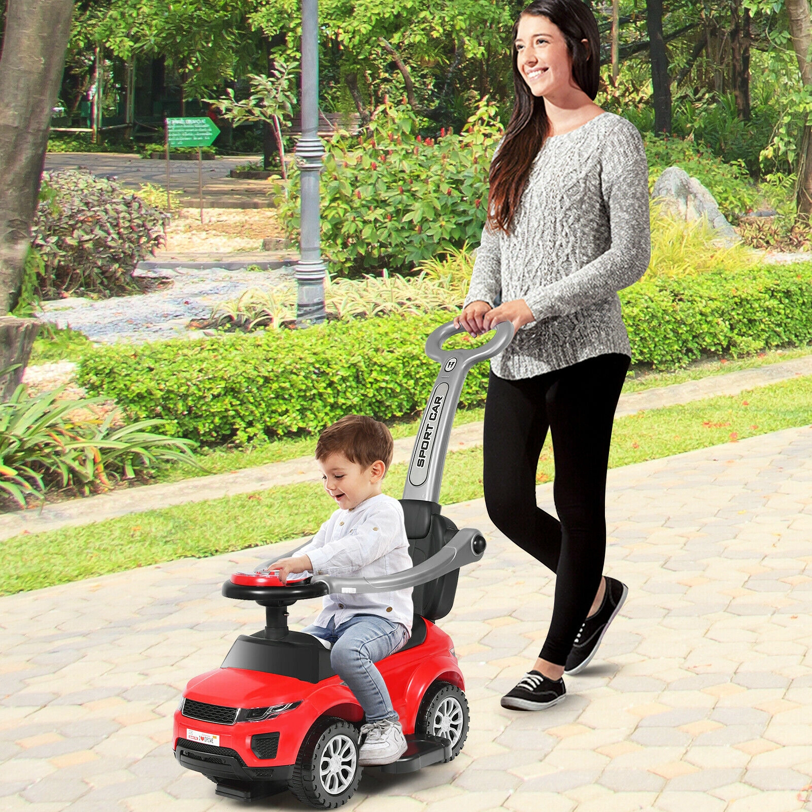 3-in-1 Toddler Push Car with Removable Handle Guardrails and Footrest for 12-36 Months Stroller Walking Sliding Ride On