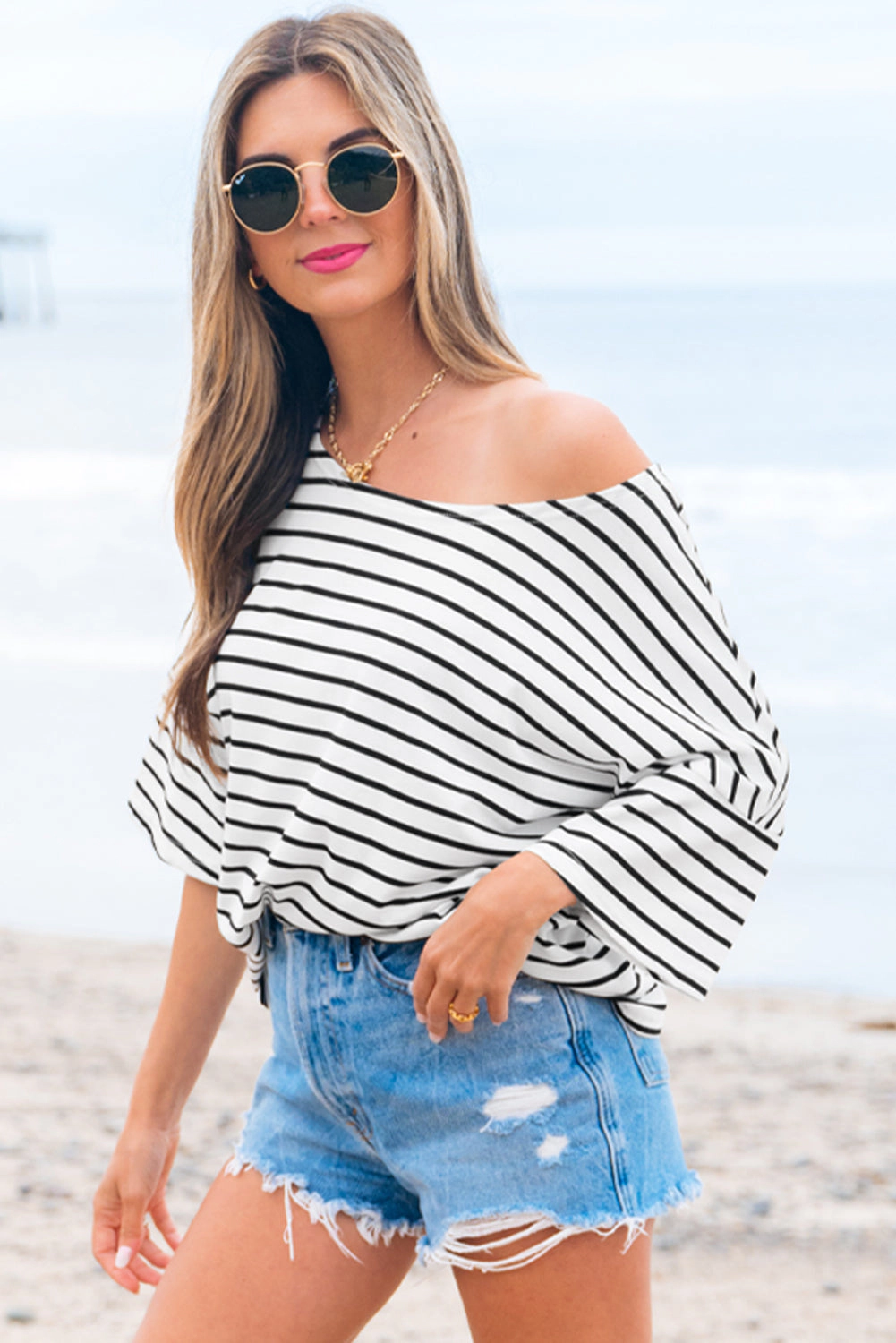 Threaded Pear Women's Lilia Stripe Half Sleeve Scoop Neck Loose Top