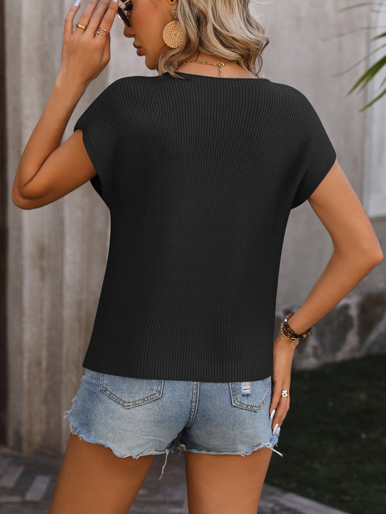 Womens Short Cap Sleeve Sweater Crew Neck Chest Pocket Loose Fit
