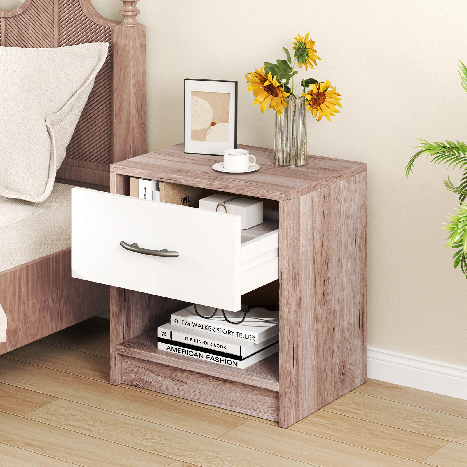SUGIFT Bedside Table Nightstand with Drawer and Open Storage Shelf 22-Lb Capacity Oak