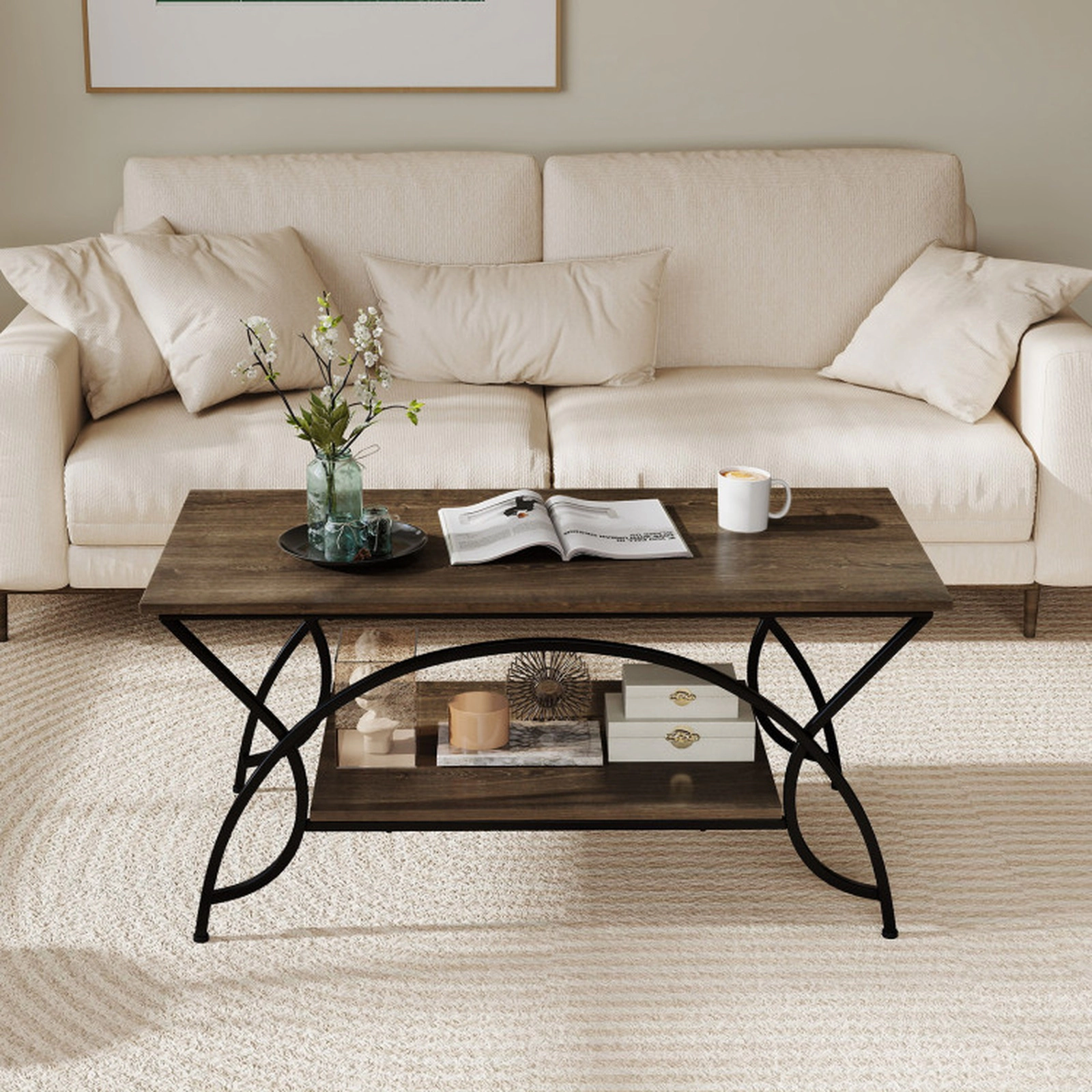 SUGIFT 2-Tier Wood Grain Top Arched Black Steel Frame Coffee Table 39.5-in x 19.5-in x 18-in 110-lb Capacity Oak