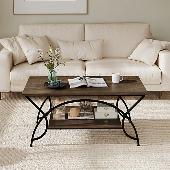 SUGIFT 2-Tier Wood Grain Top Arched Black Steel Frame Coffee Table 39.5-in x 19.5-in x 18-in 110-lb Capacity Oak