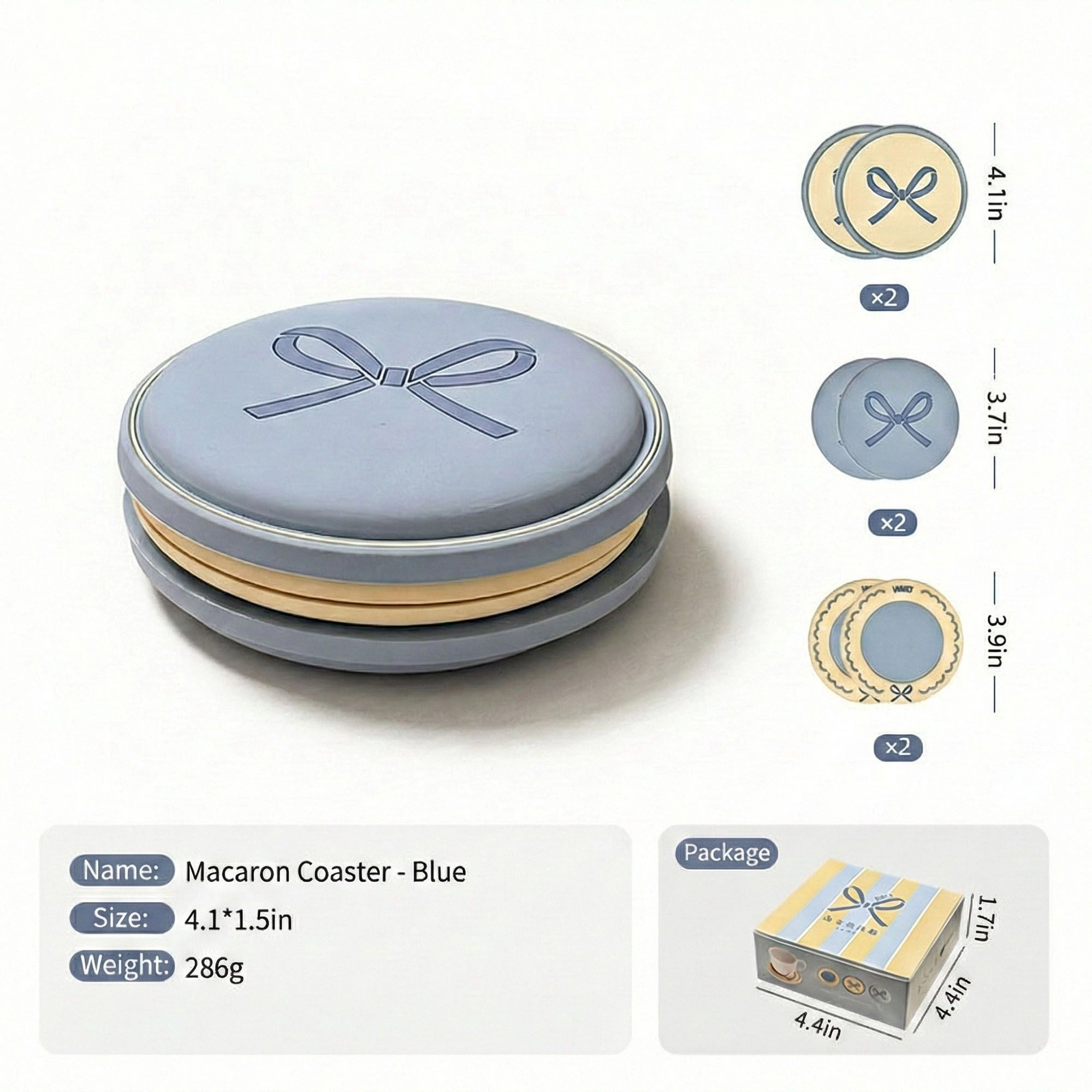 Alilang Unisex Macaron Coaster Set with Bow Design Round Table Protectors