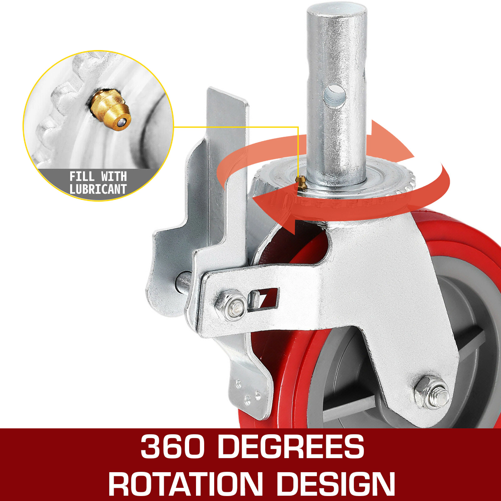 HONGGE 8-Inch Red Scaffolding Caster Wheels, Set of 4, Locking Stem Casters, 800 lbs Per Wheel