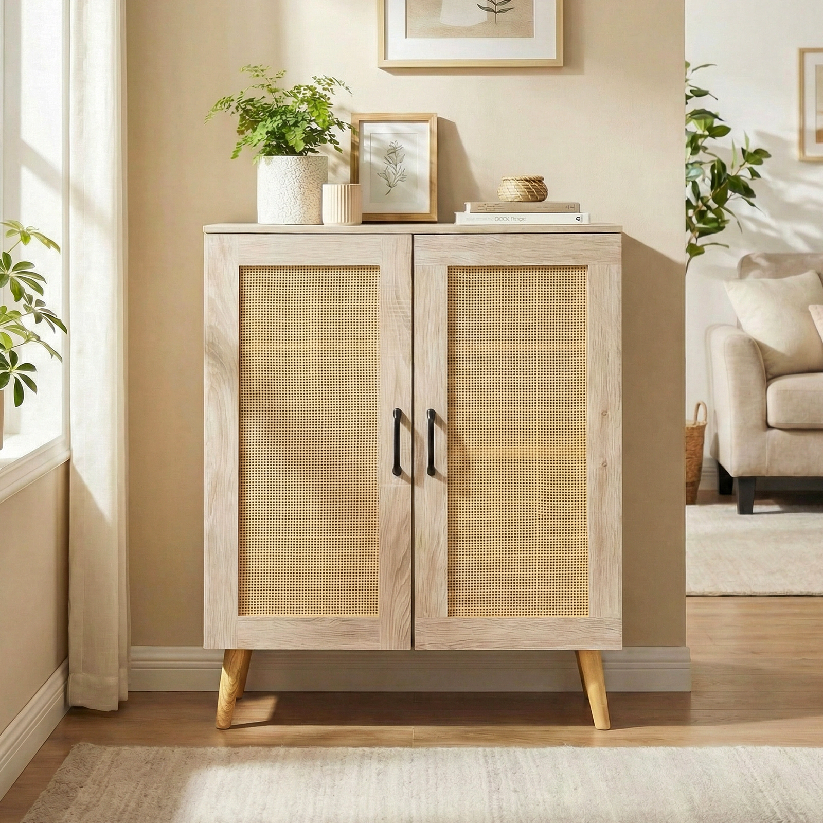 SUGIFT Natural 3 Removable Shelves and Rubber Wood Legs 5-Tier Rattan Shoe Cabinet