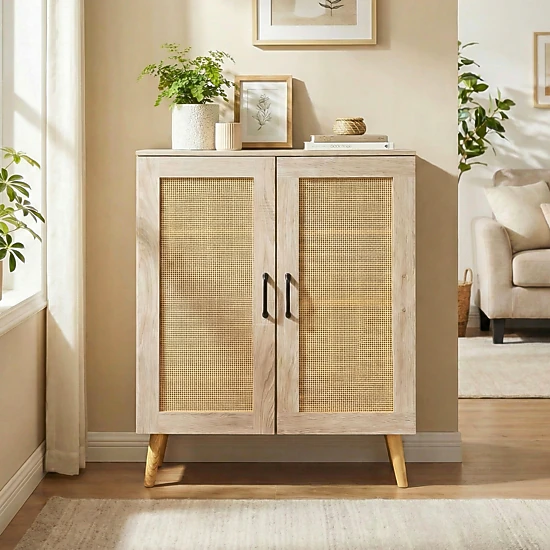 SUGIFT 5-Tier Natural Rattan Shoe Rack Cabinet with 3 Removable Shelves and Rubber Wood Legs 155-lb Top