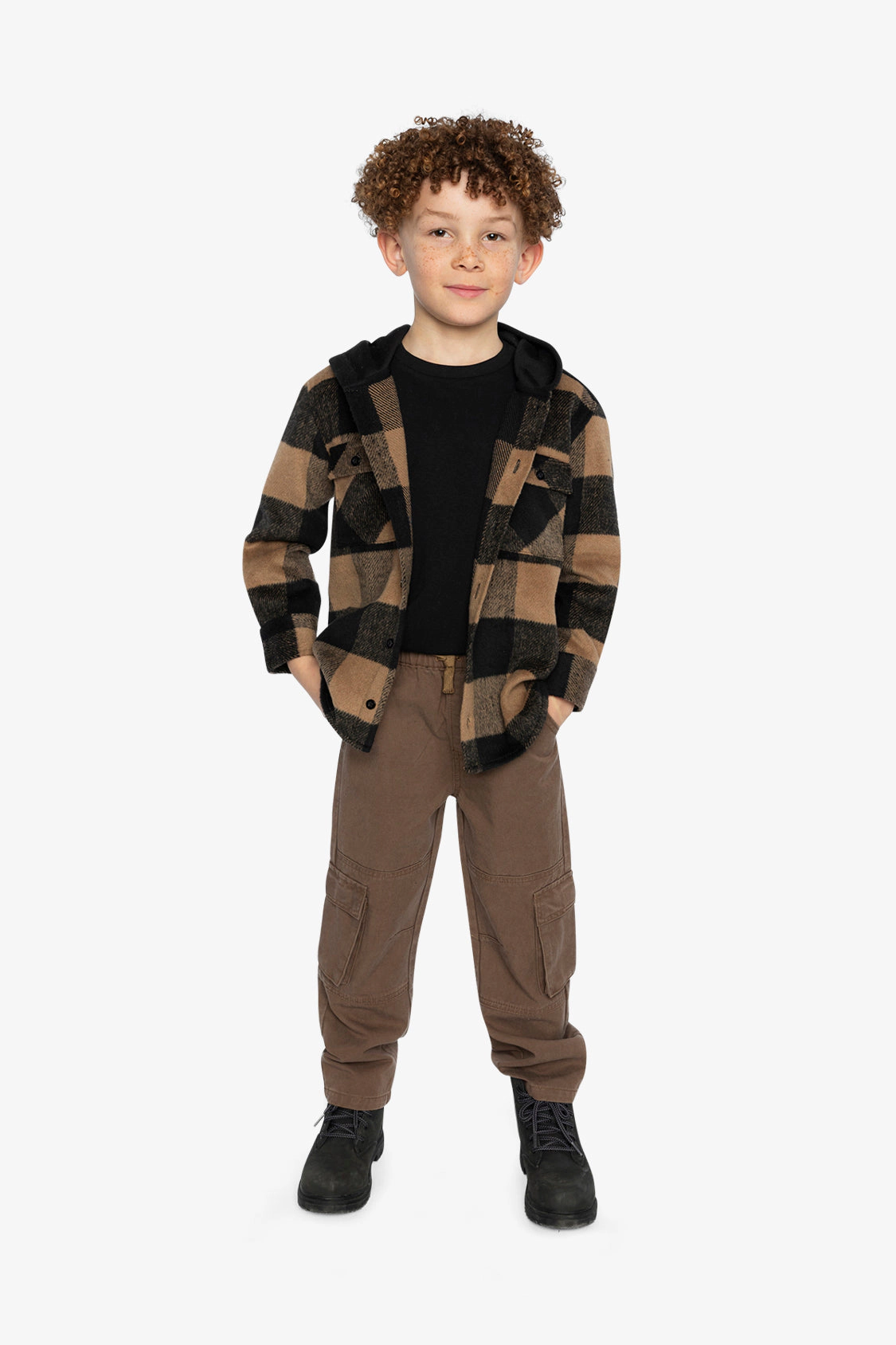 Deux par Boys Plaid Flannel Button Front Shirt with Fleece Hood and Chest Pockets