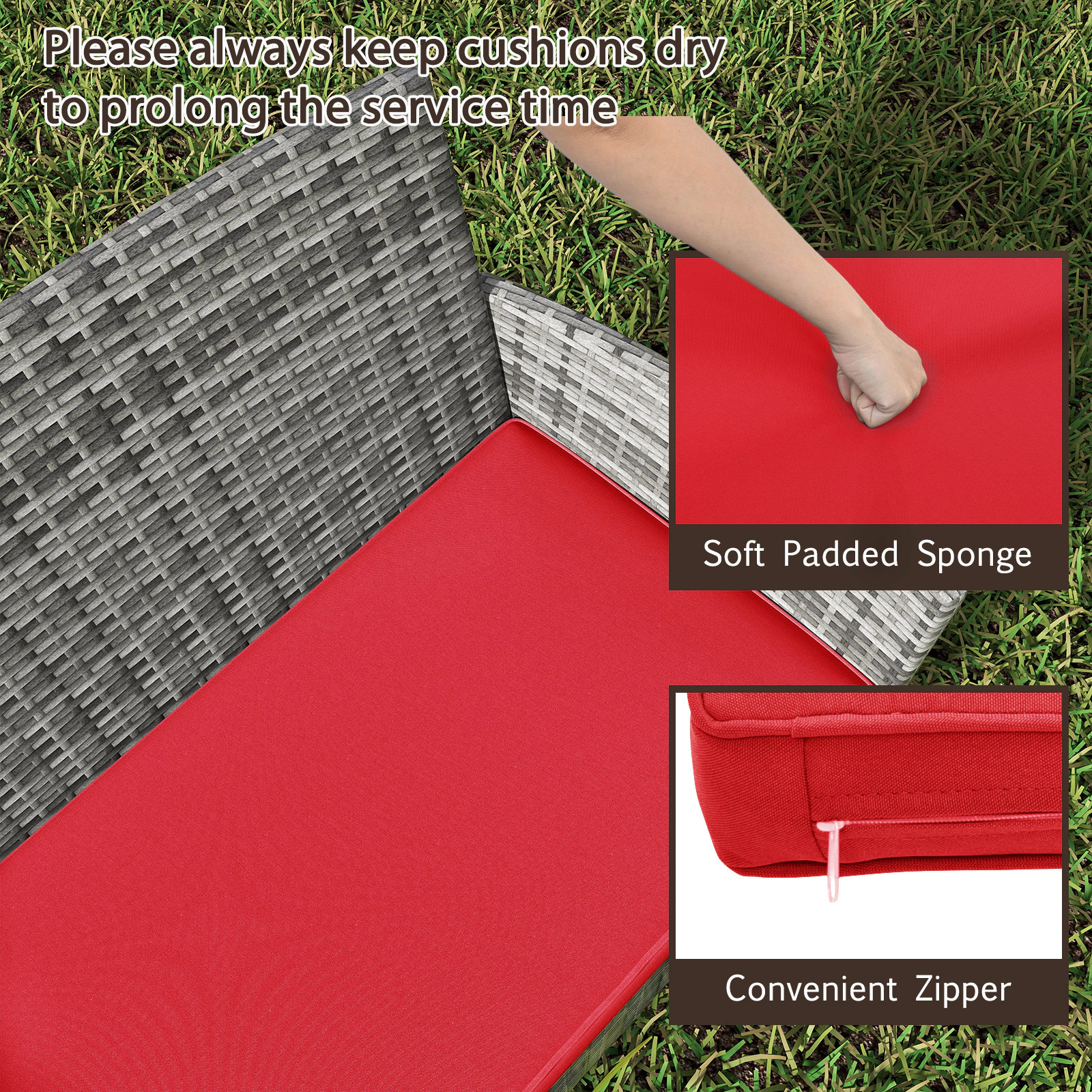 SUGIFT 4-Piece Red Rattan Patio Conversation Set with Loveseat, 2 Chairs, Cushions and Tempered Glass Table