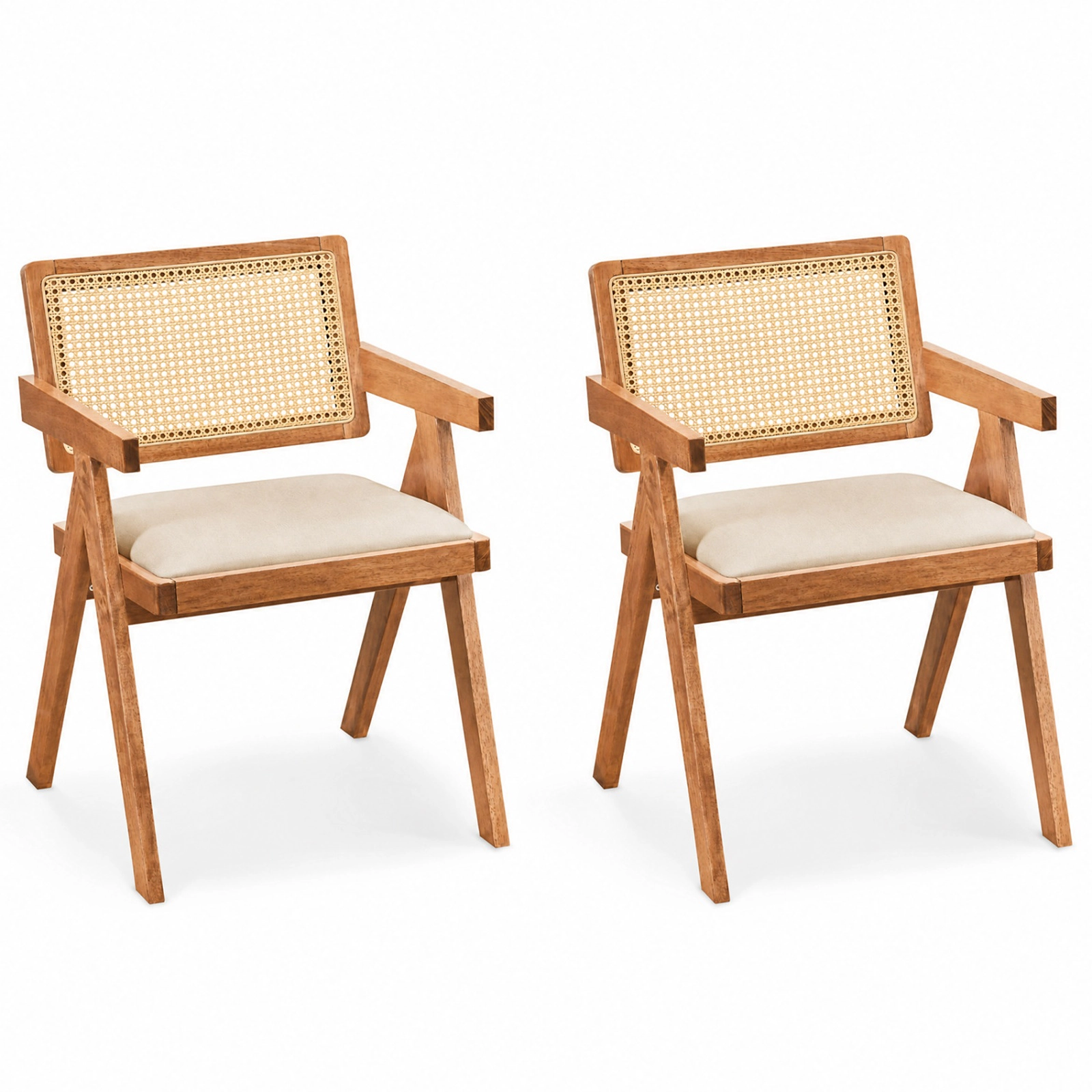 SUGIFT Set of 2 Rattan Accent Chairs Beige with Padded Cushions and Rubber Wood Frame