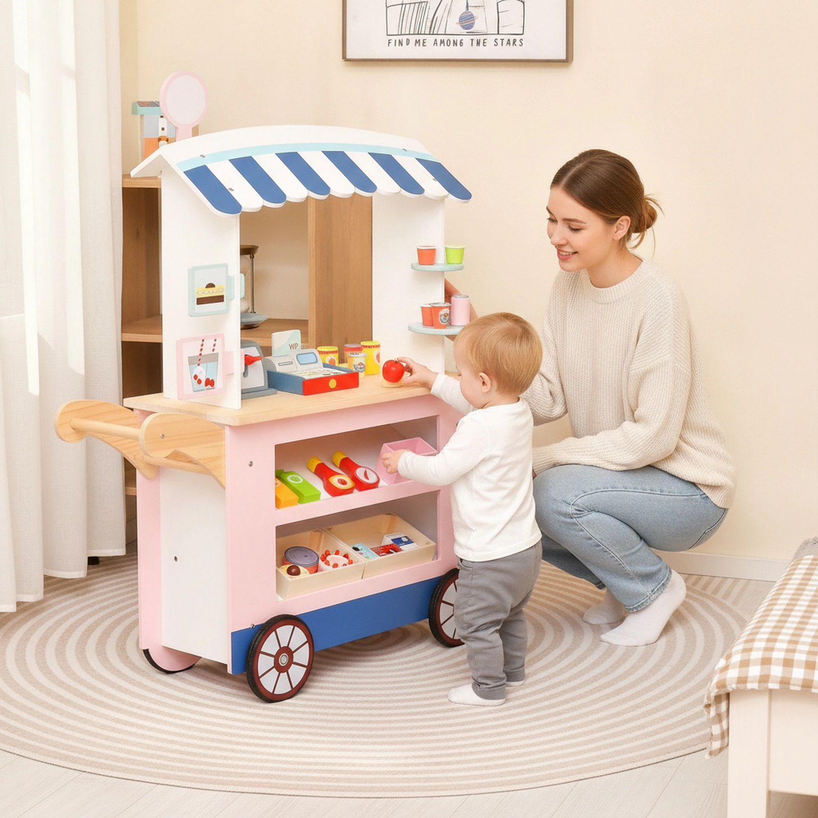 Wooden Toy Market Cart POS Machine Scale Canopy 30-pc Accessories 29.5-in Kids Grocery Store Stand on Wheels Ages 3+
