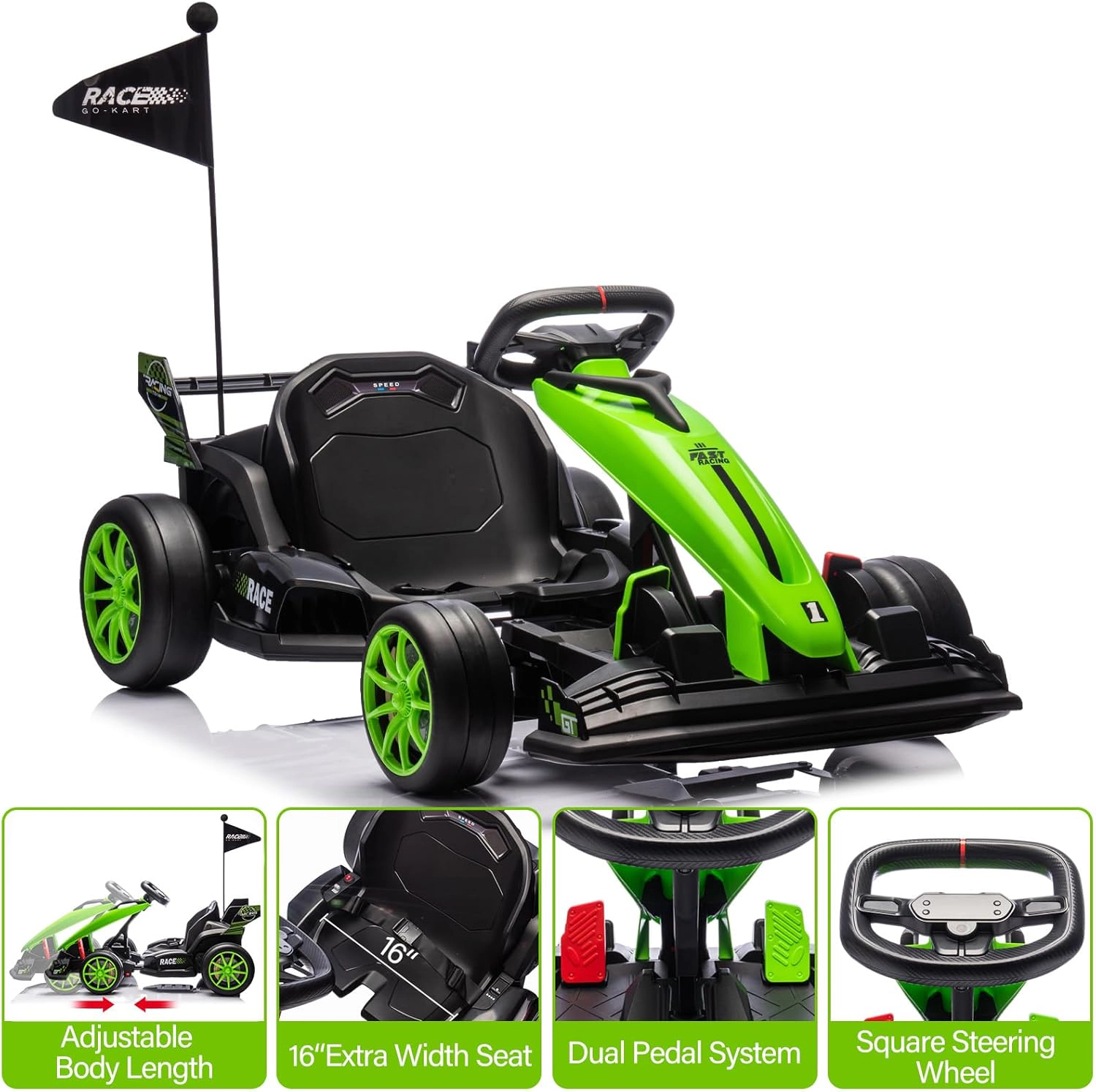 24V Kids Electric Go Kart, 7.5MPH Variable Drift Racing Car w/ 2×200W Motors, Adjustable Legroom, Power Display