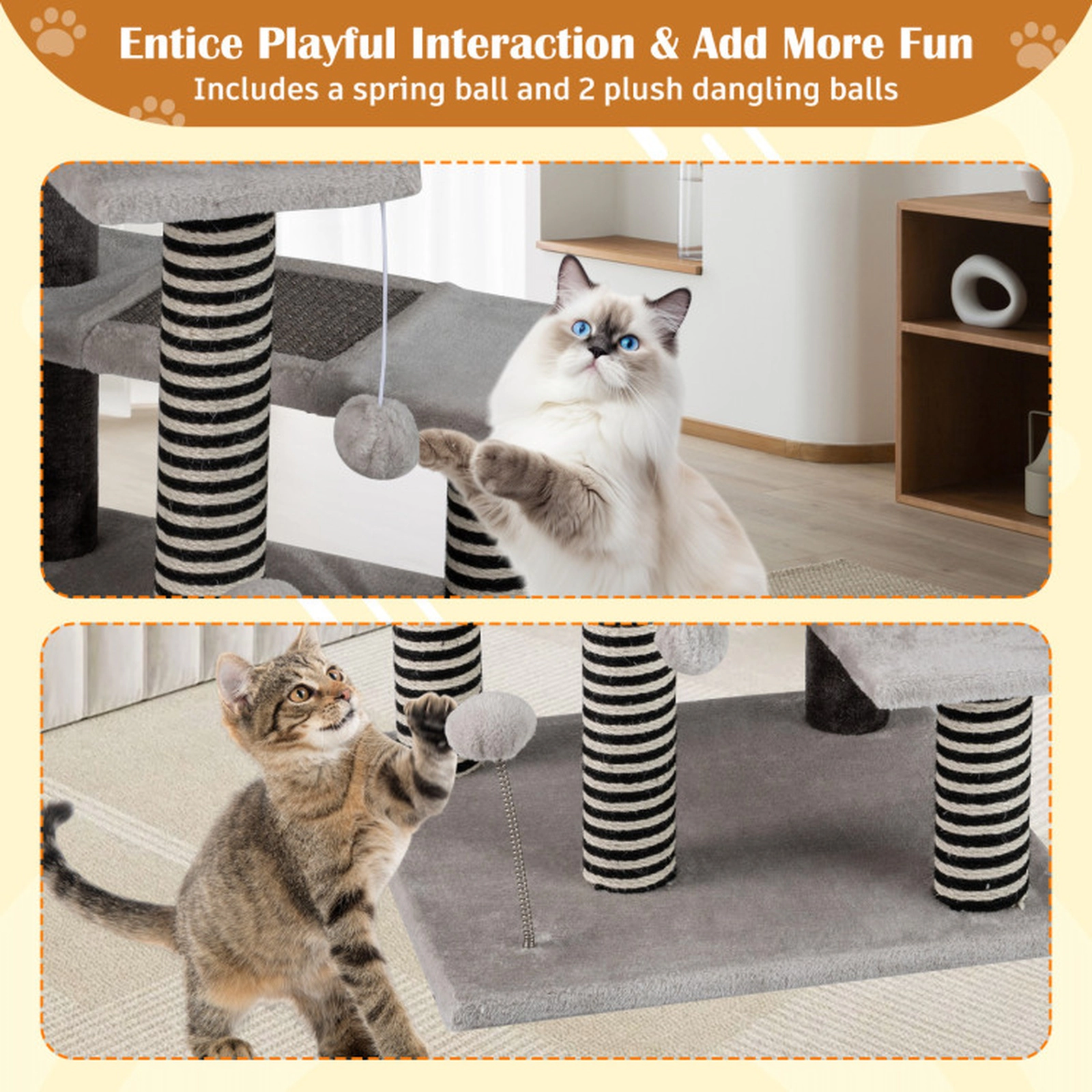 SUGIFT 37-in Gray Kitten Cat Tree Tower with Sisal and Jute Posts 3 Platforms and Padded Top Perch