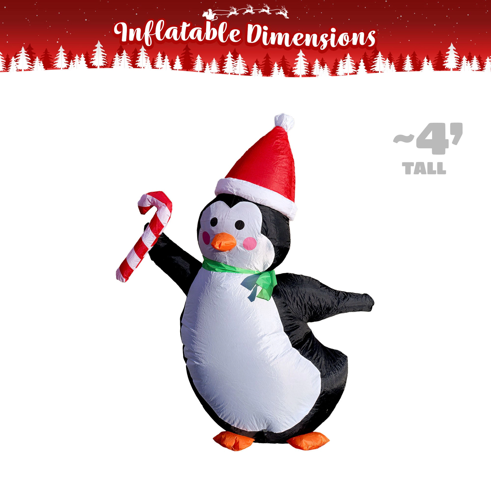 G128 4 ft Penguin Inflatable with Candy Cane and LEDs, Quick Inflate, Weather-Resistant Outdoor