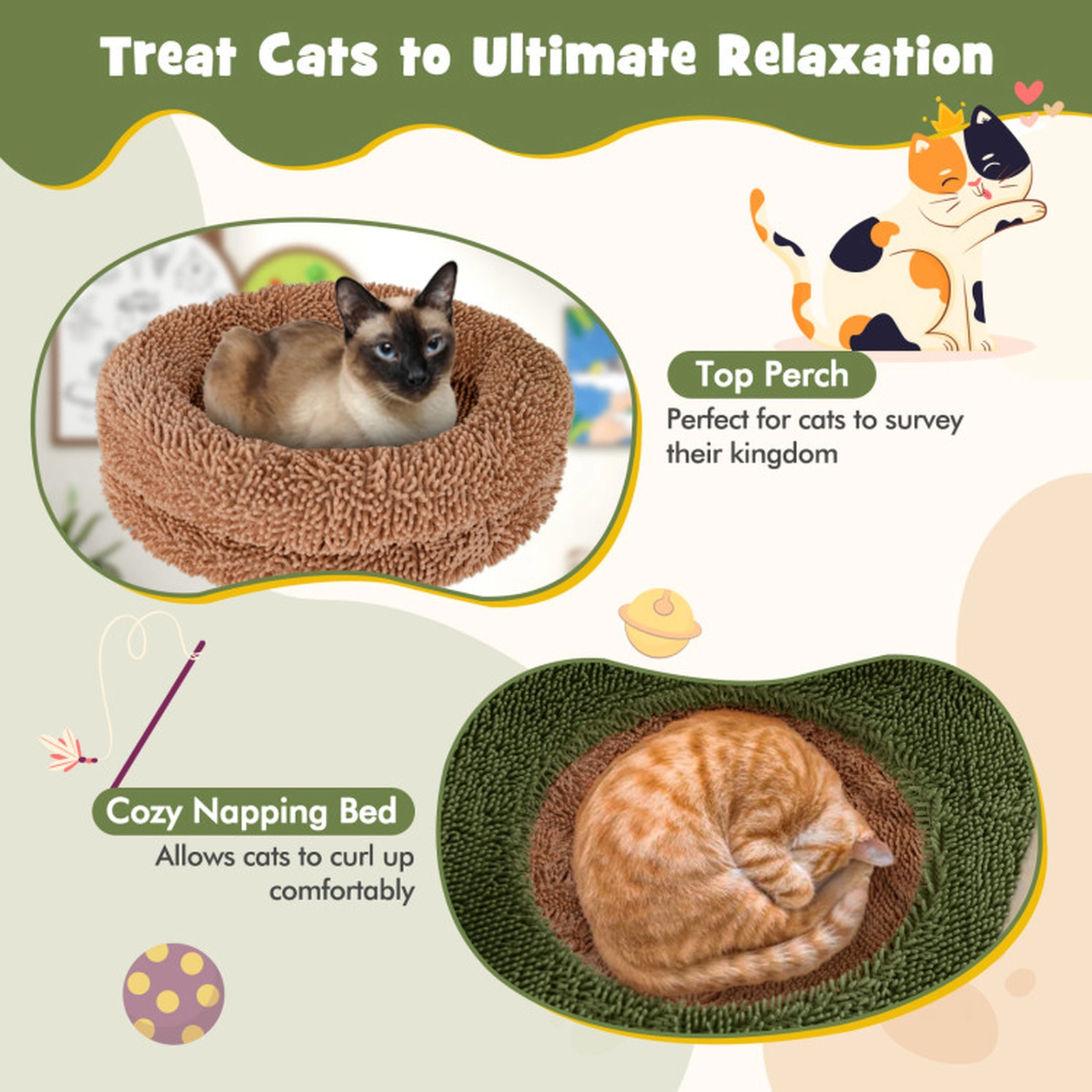 SUGIFT 60-in Green Tree-Inspired Cat Tree Tower with Plush Perch Sisal Posts and Faux Plant 19.5-in Base