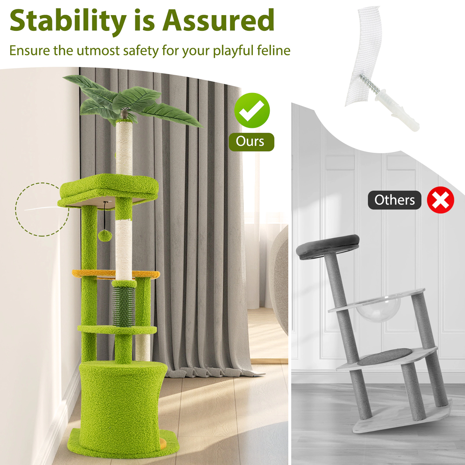 Glintex 48-Inch Tropical Cat Tower with Artificial Plants Self-Groomer and Anti-Tip Device, Green