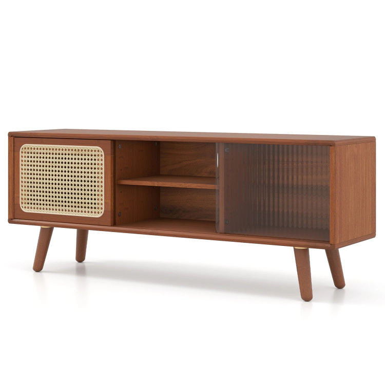 Hivvago Modern Tv Stand With Rattan Glass Sliding Doors-Brown