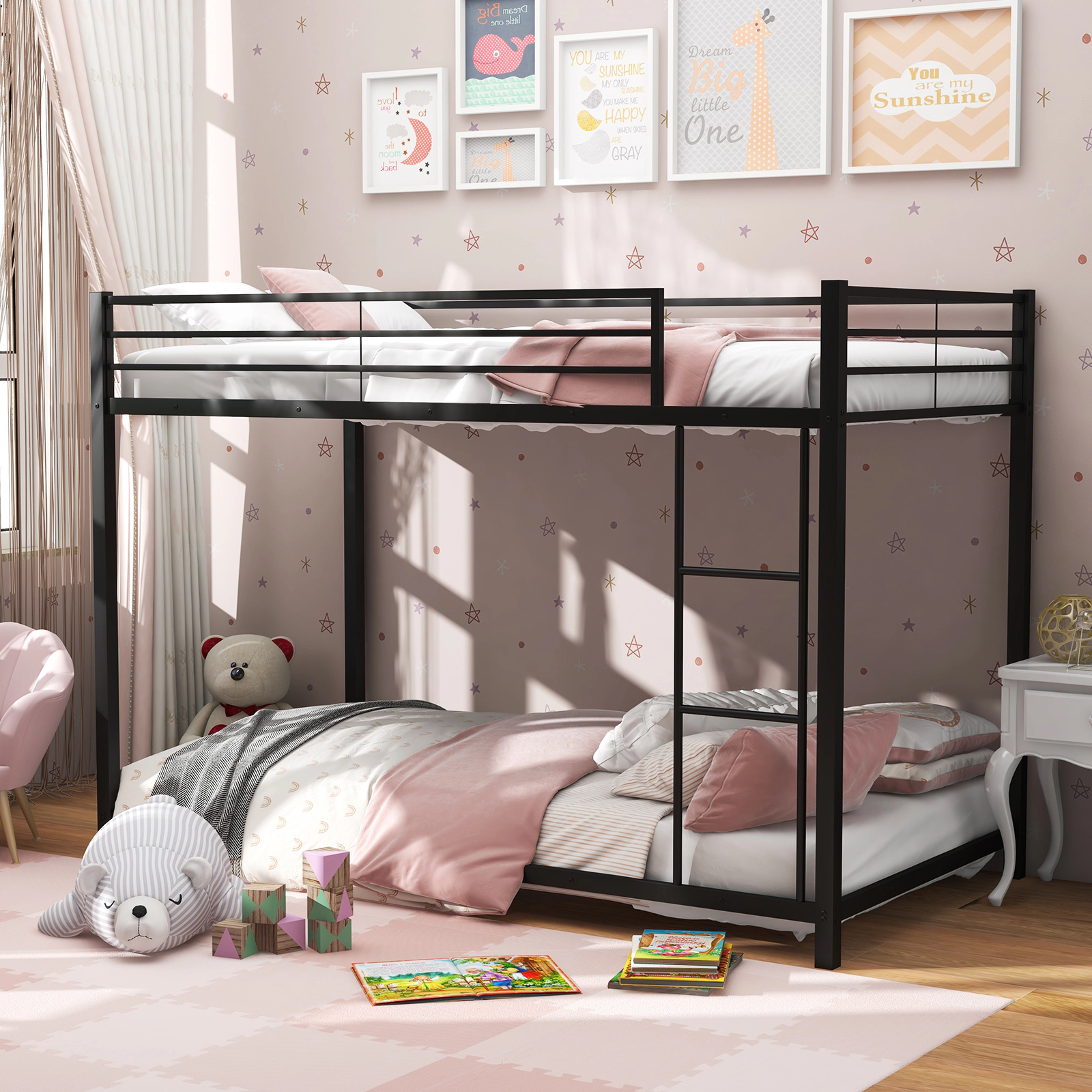 SUGIFT Low Profile Twin Over Twin Metal Bunk Bed 400-lb Upper Bed Capacity Twin Mattress Compatible Black/Silver/White