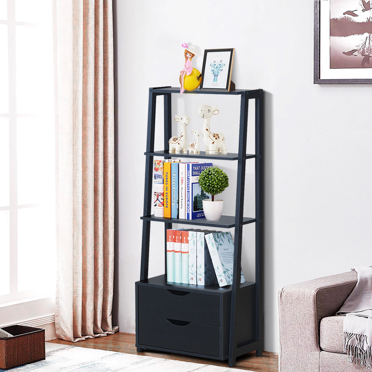 Costway 4-Tier Ladder Shelf Bookshelf Bookcase Storage Display Leaning With 2 Drawers