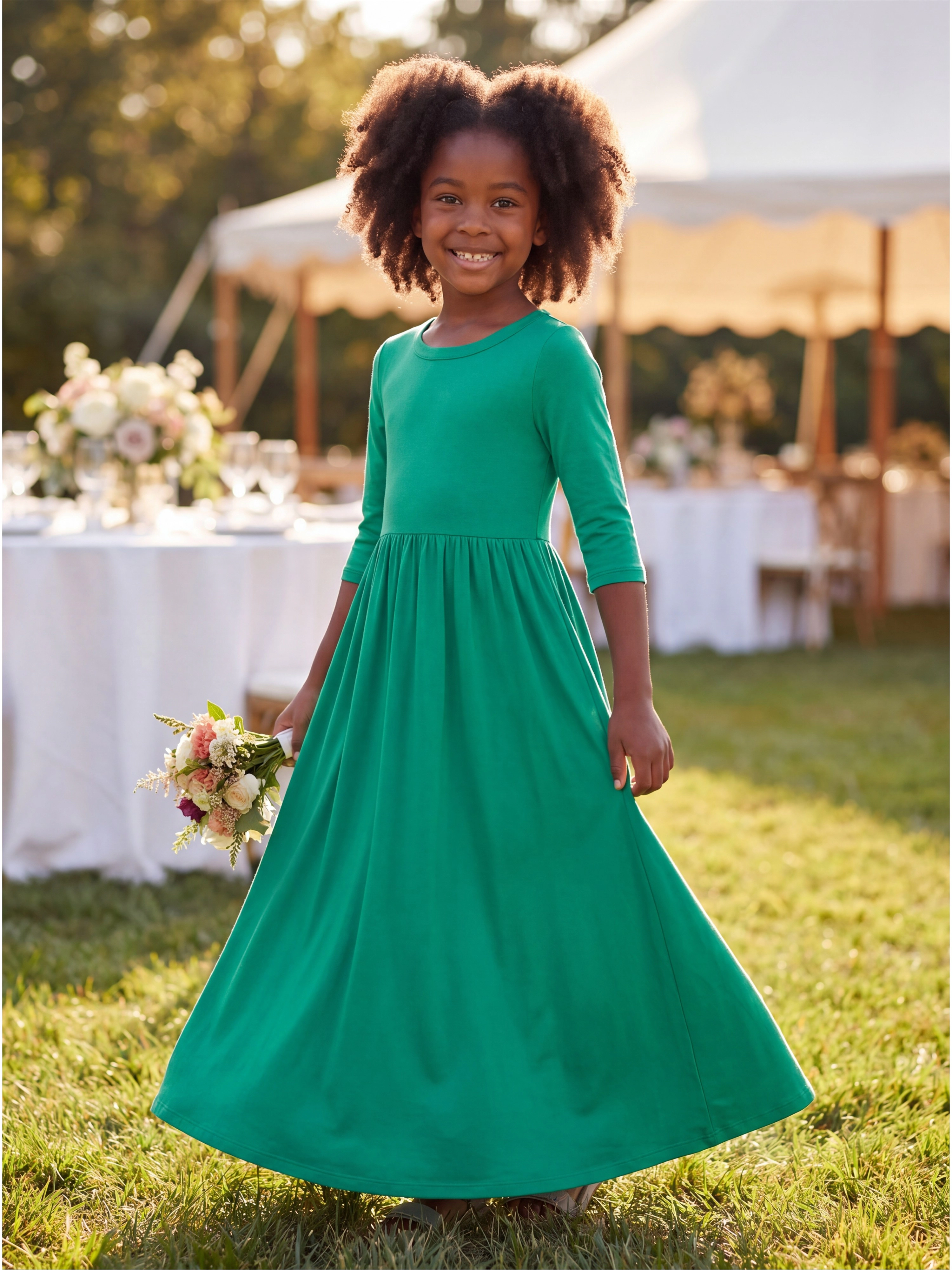 24sevenKid Essential Girls Three Quarter Sleeve Pleated Maxi Dress