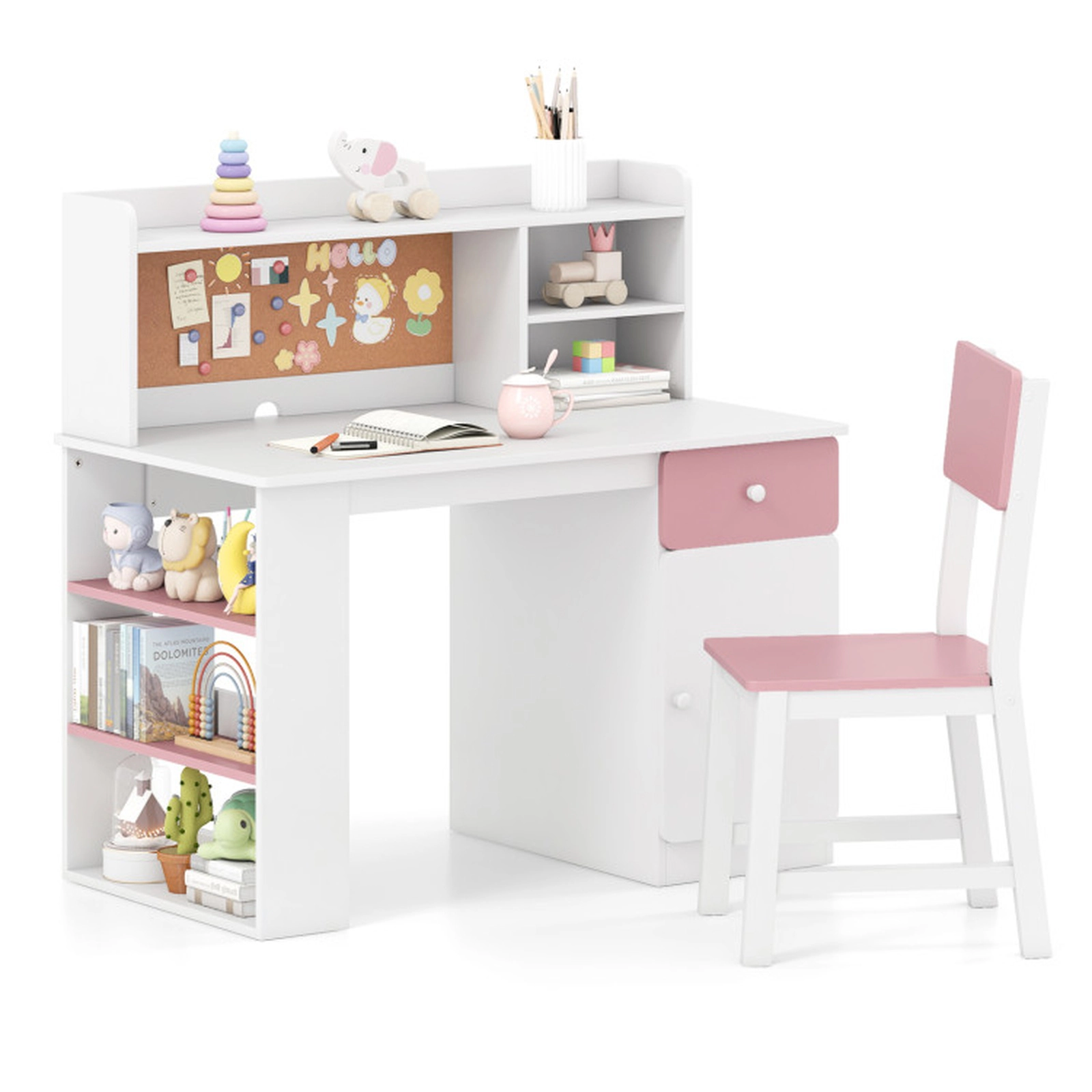 SUGIFT Pink Hutch Drawer and 3-Layer Side Shelf Kids Desk and Chair Set