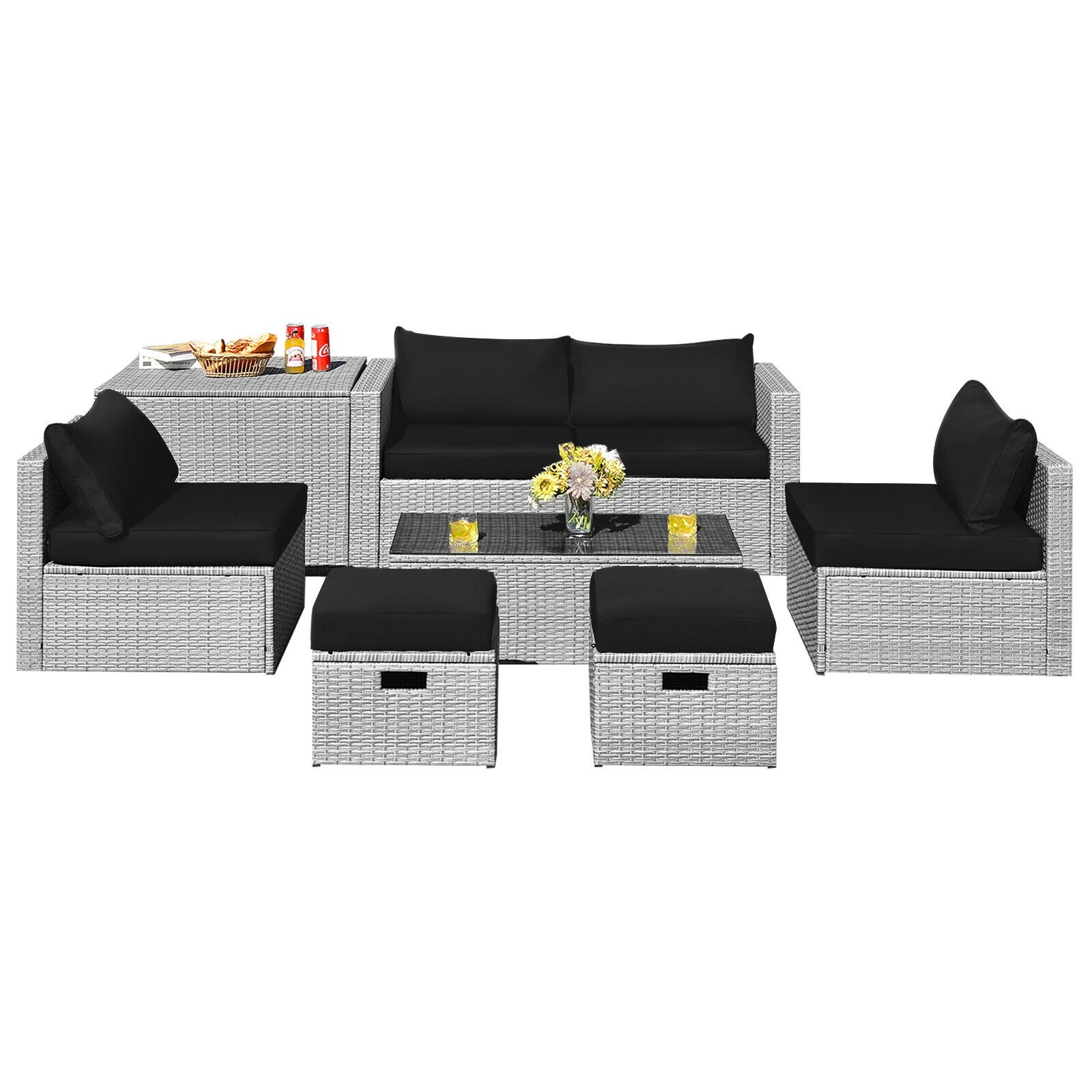 SUGIFT Black Storage Box Waterproof Cover and Cushions 8-Piece Patio Rattan Sectional Set
