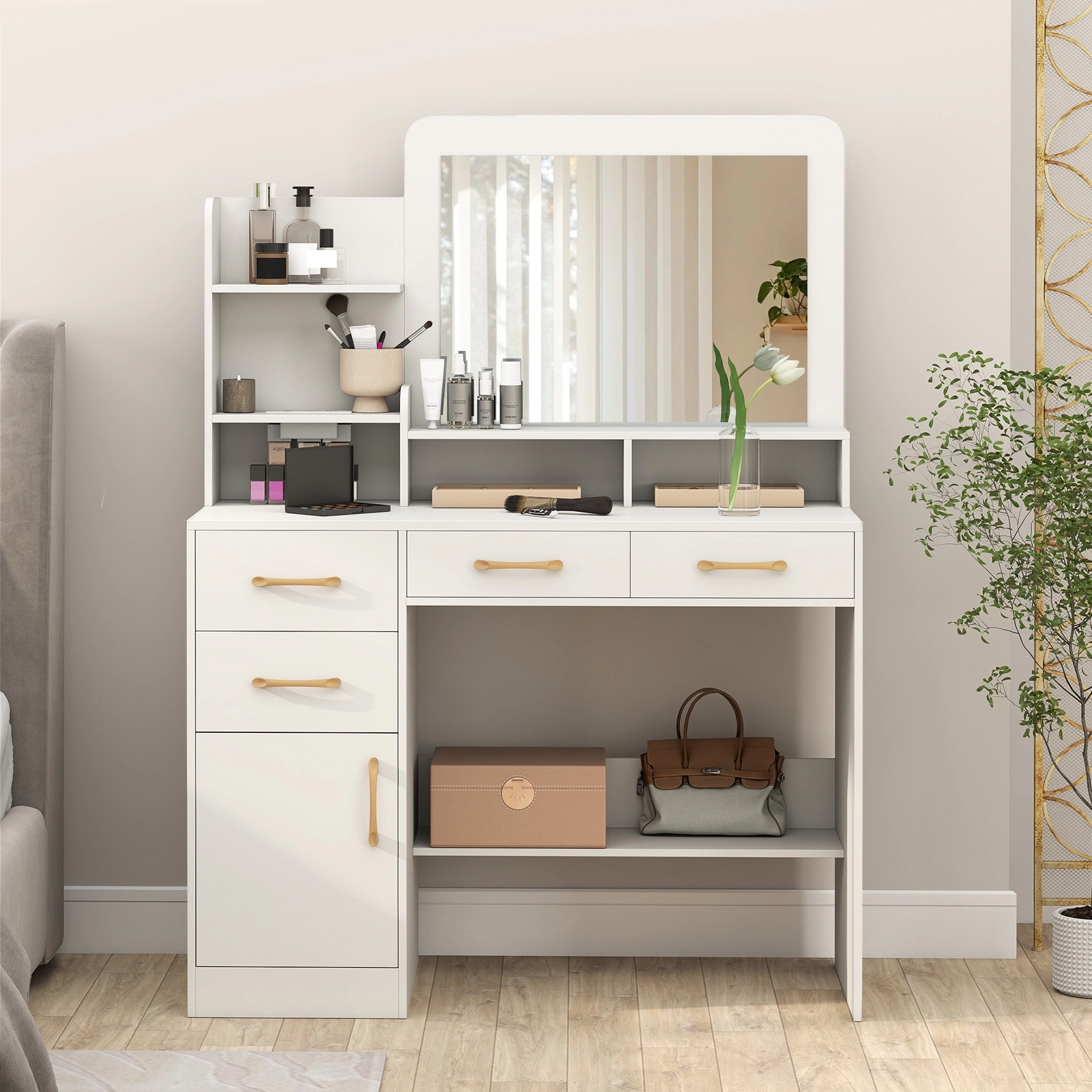 SUGIFT 39.5-in Wide Engineered Wood Vanity Desk with Power Outlets, 23 x 17-in Mirror and Storage 188-lb Capacity White