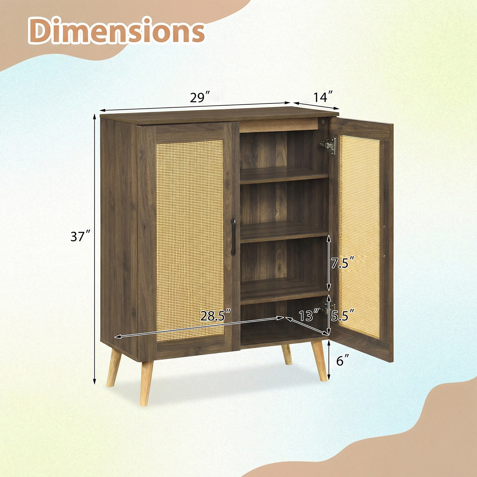 SUGIFT 5-Tier Walnut 37-in Tall Rattan Shoe Cabinet with 3 Removable Shelves and Solid Rubber Wood Legs