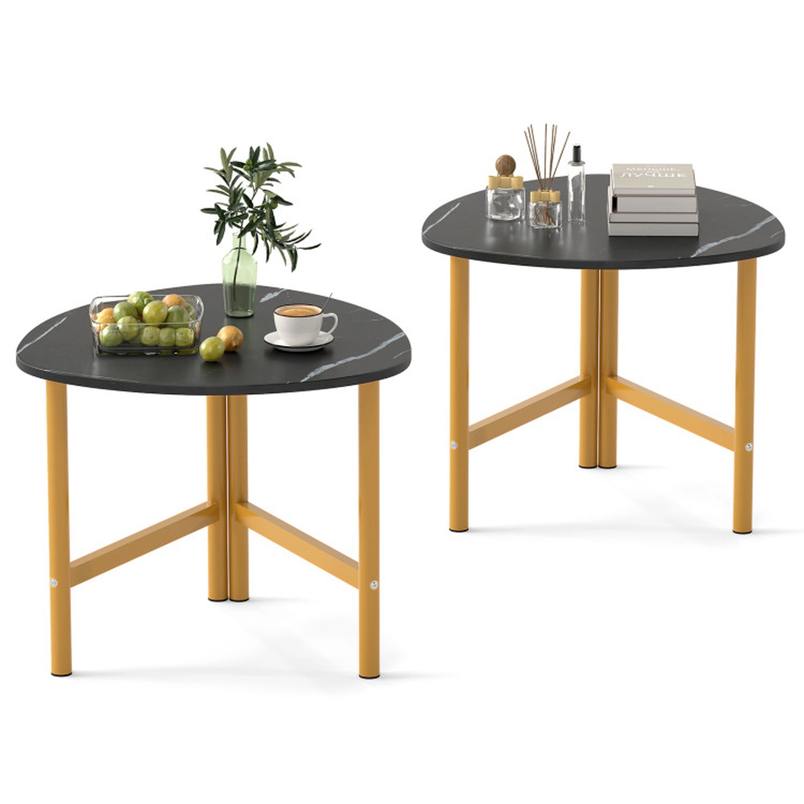 SUGIFT Set of 2 Triangular Coffee Tables with Metal Legs 132-lb Capacity 23.5-in Top Rustic Brown & Black / Black & Gold