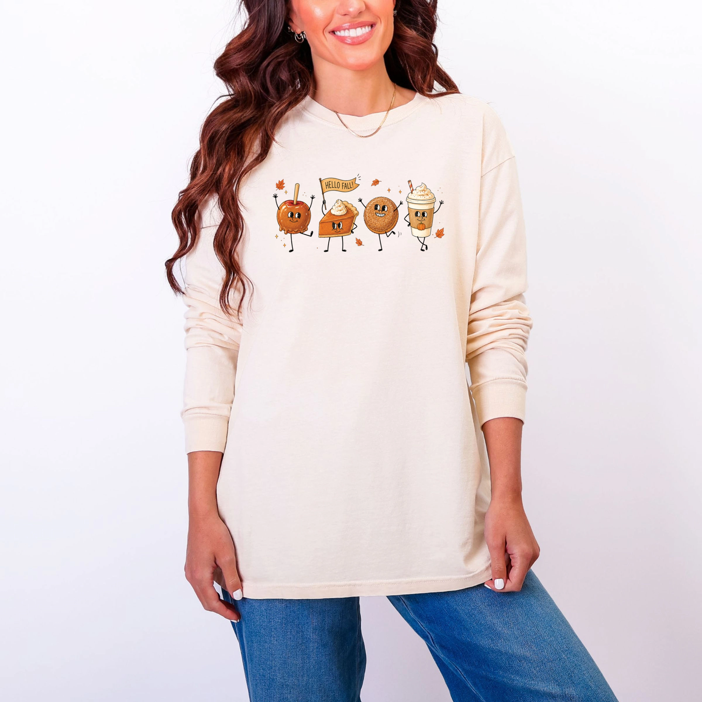 Simply Sage Market - Women's Garment Dyed Long Sleeve Graphic T-Shirt Hello Fall Stick Figures