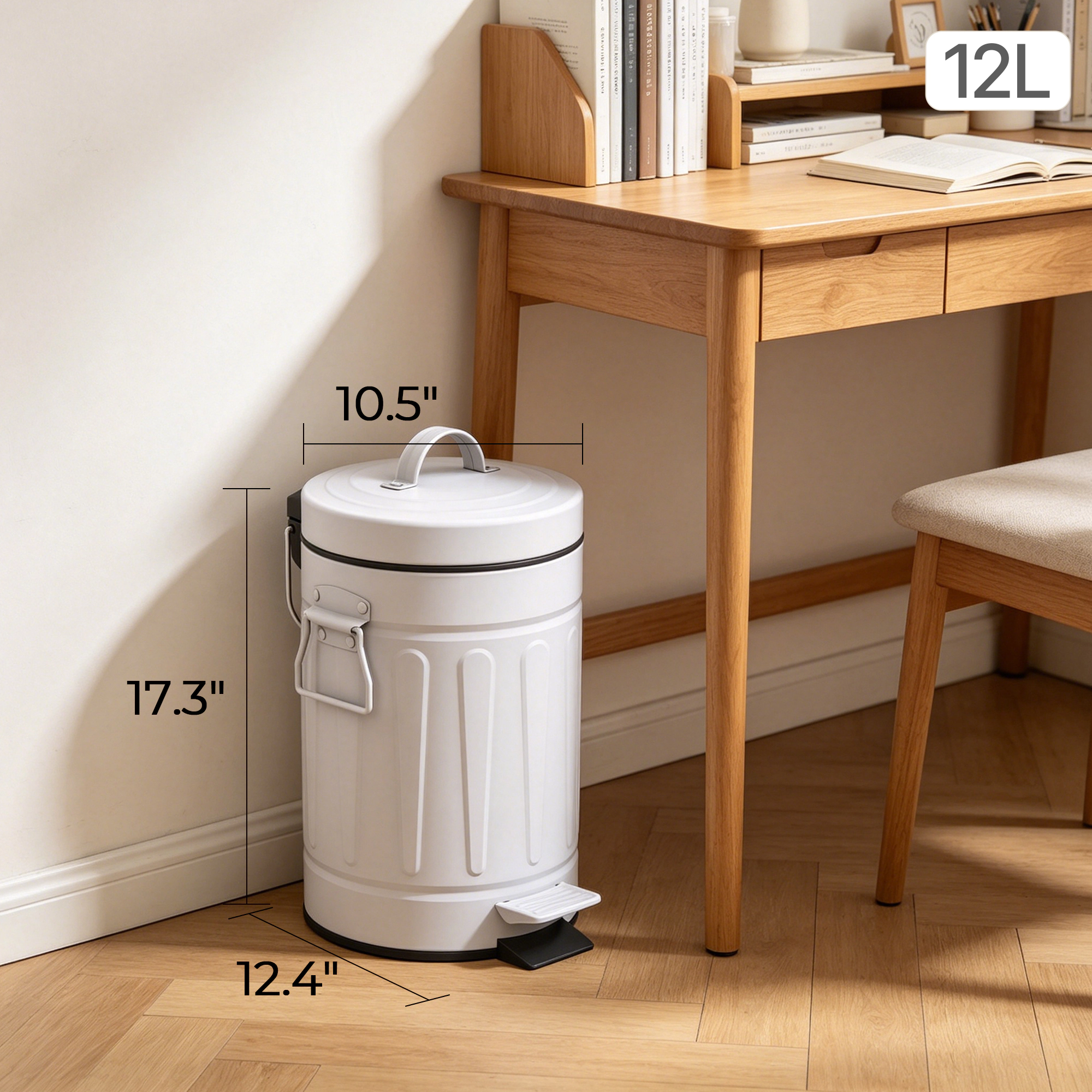 Innovaze 3.2 Gal./12-Liter and 0.8 Gal./3 Liter Old Time Style Round  White  Metal Step-on Trash Can Set