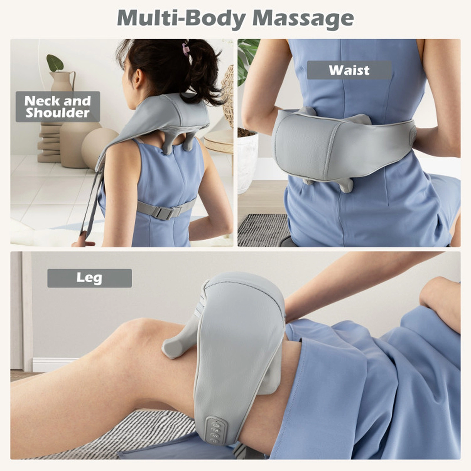 SUGIFT 4D Deep Tissue Shiatsu Neck Shoulder Massager with Heating Pulling Handles and Adjustable Straps Cordless Gray